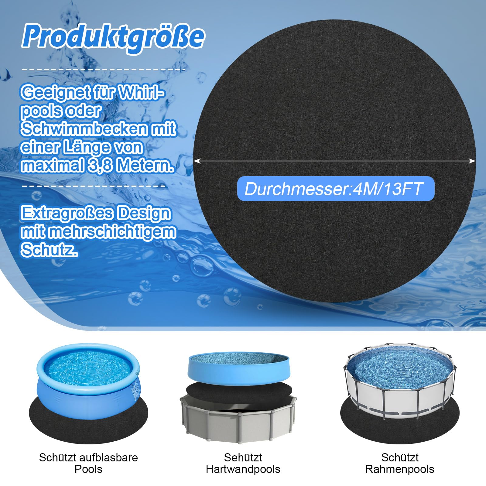 Lona de suelo para piscinas, alfombra de suelo para piscina, 400 cm, alfombrilla redonda de piscina plegable, resistente a los rayos UV y al desgarro, lona protectora para el suelo para