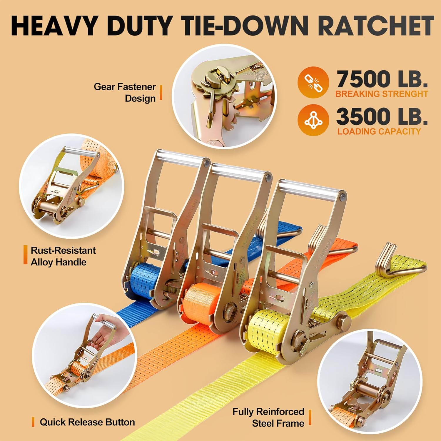 4Pack Ratchet Straps Heavy Duty-2 Inch x 20 Feet(7,500lb Break Strength), Tie-Down Ratcheting with J-Hook Cargo Straps Tiedown Ratchet for Moving and Transports with Trailers, Pickup, Flatbed Trucks - Image 4