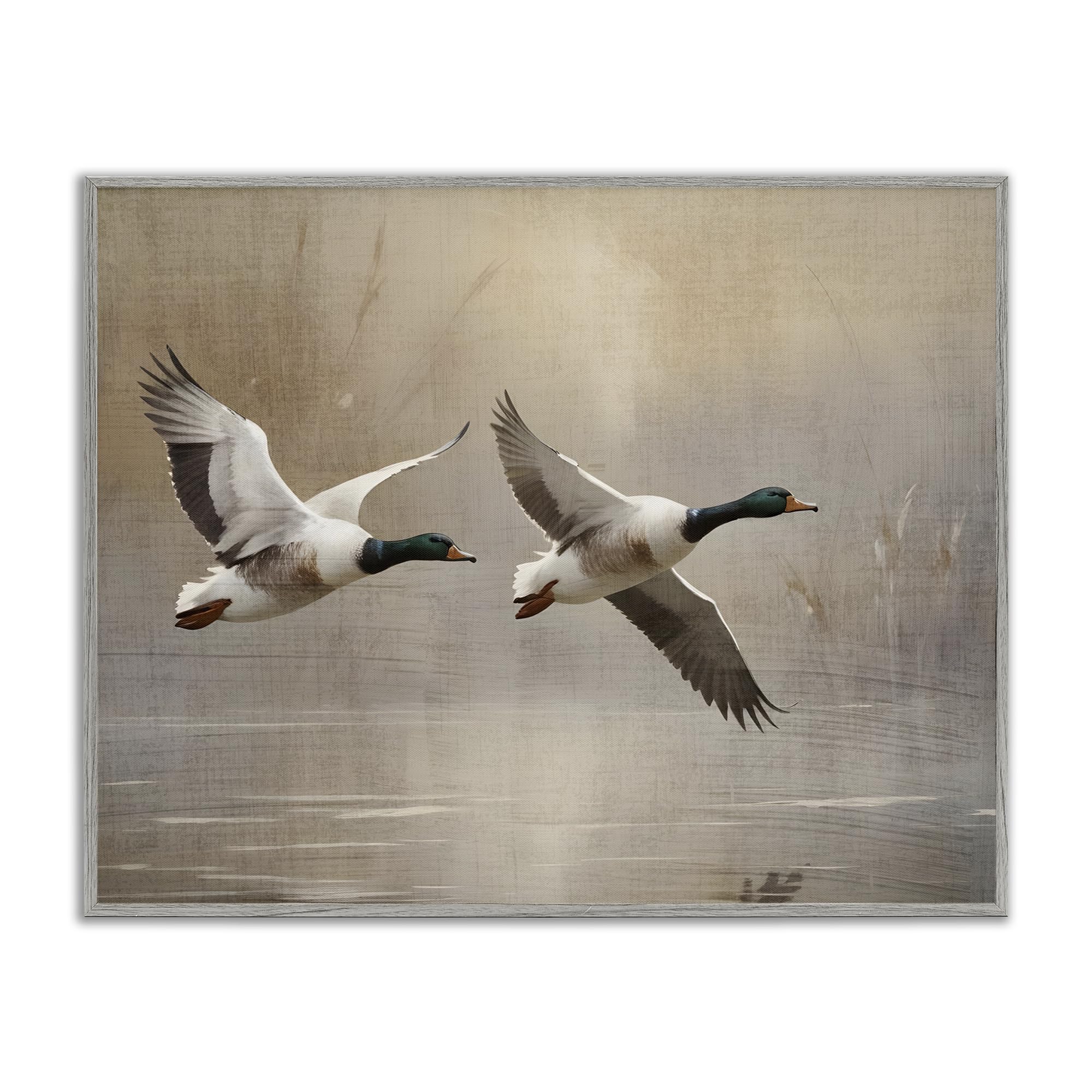 Stupell Industries Farmhouse Gray (Textured) 'Mallard Ducks Over Pond'| Framed Giclee Art