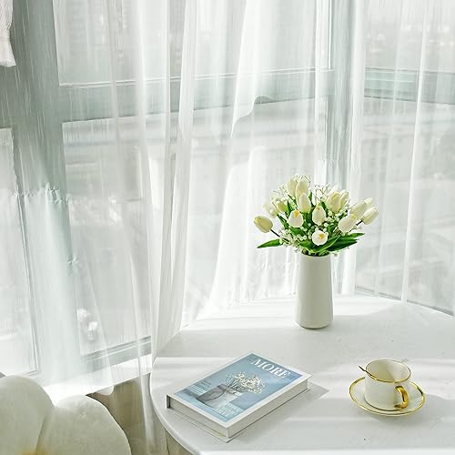 Miniatura 6 de Mandy's - Ramo de flores artificiales de seda, 20piezas de tulipanes blancos y 3piezas de flor de nube,13.5pulgadas, al por mayor para decoración