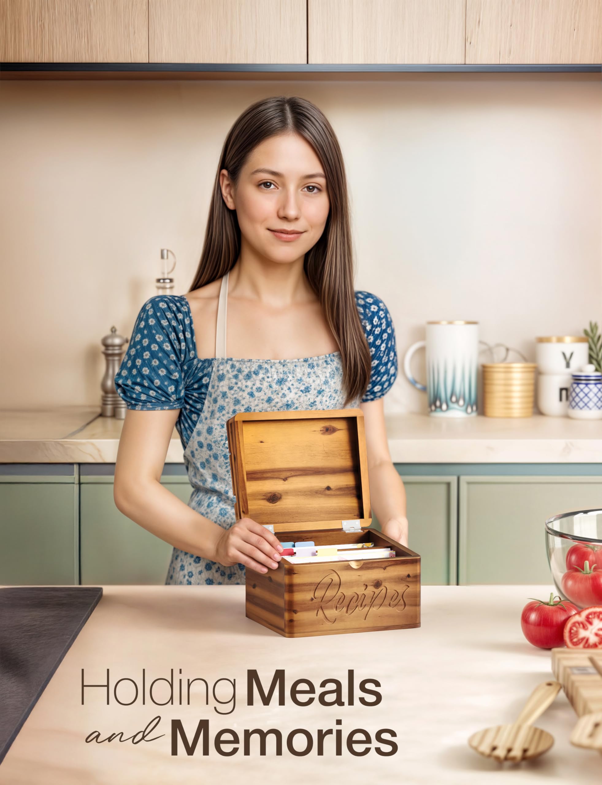 Acacia Recipe Box - Wooden Holder with Cards -6