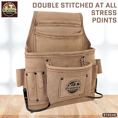 Miniatura 11 de GRAINTEX ST2040 - Bolsa de 10 bolsillos para uñas y herramientas de cuero natural de grano superior para enmarcadores, constructores, electricistas,
