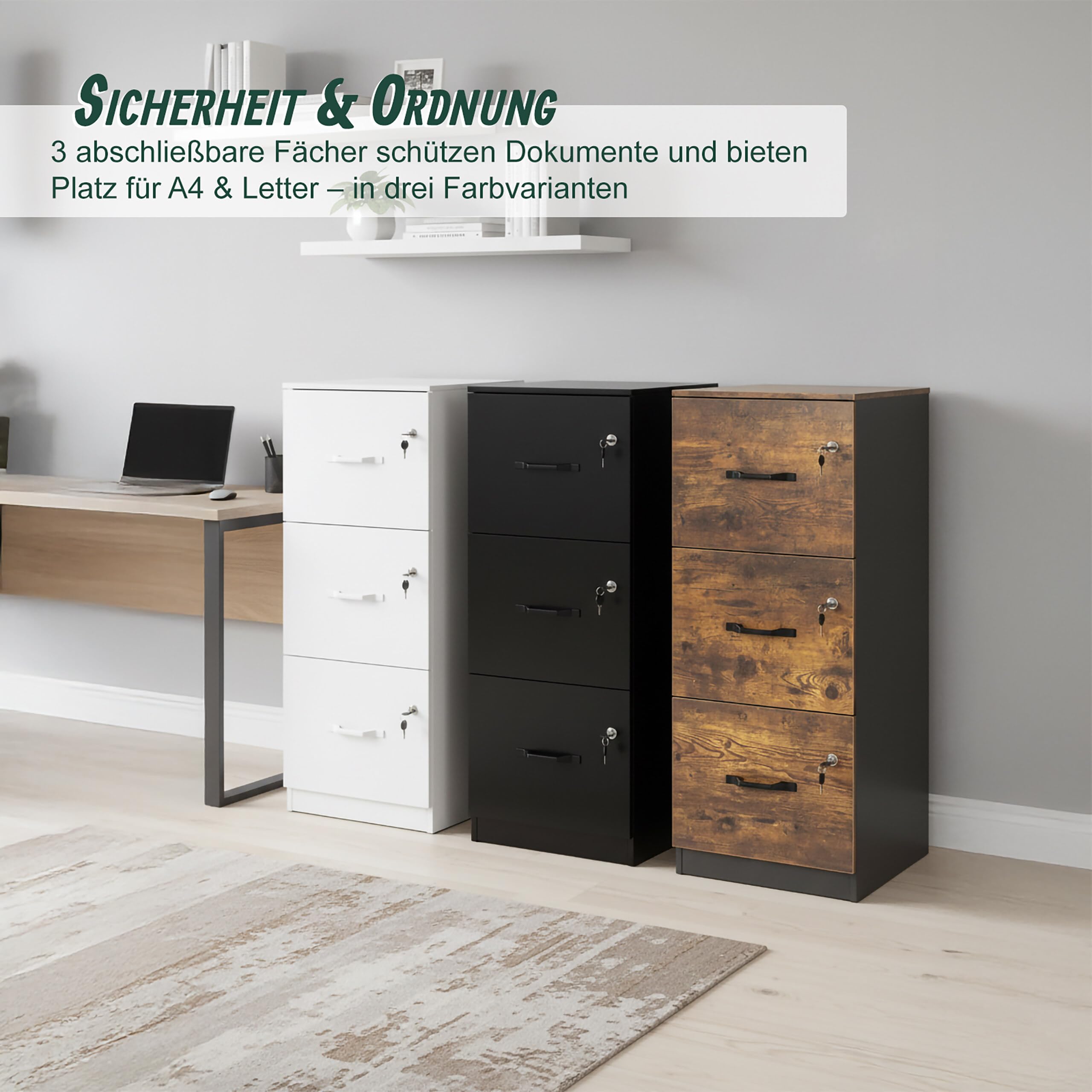 Relaxdays Aktenschrank Hängeregister, 3 abschließbare Schubladen, HxBxT: 103 x 40 x 40 cm, Hängeregisterschrank, weiß