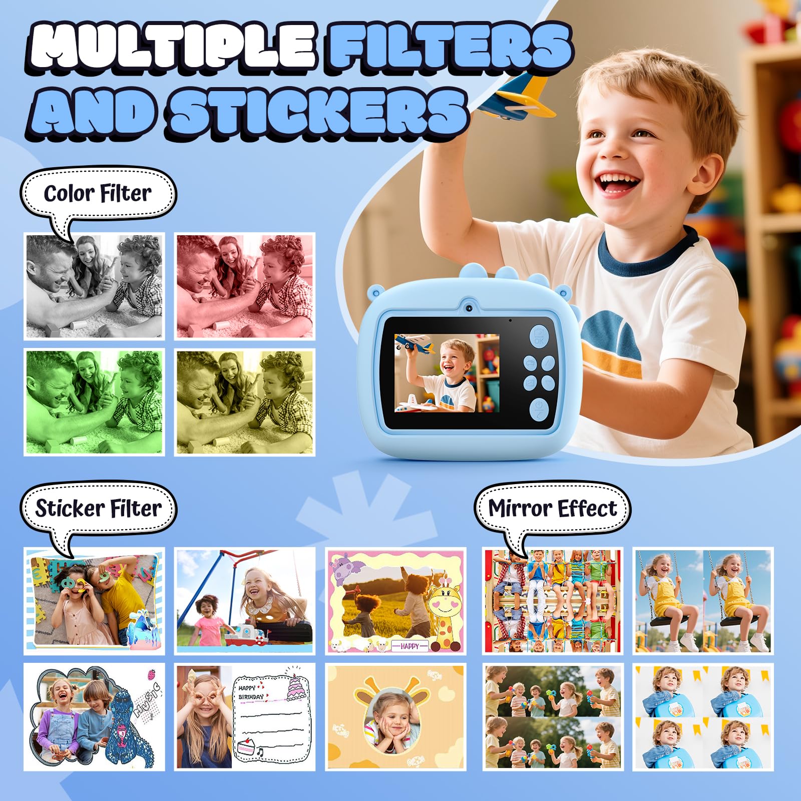 YOZISS Macchina Fotografica Bambini Istantanea, 1080P macchina fotografica istantanea bambini con 3 Rotoli di Carta da Stampa, Regalo per Bambini dai 3 a 14(Dinosauro Blu)