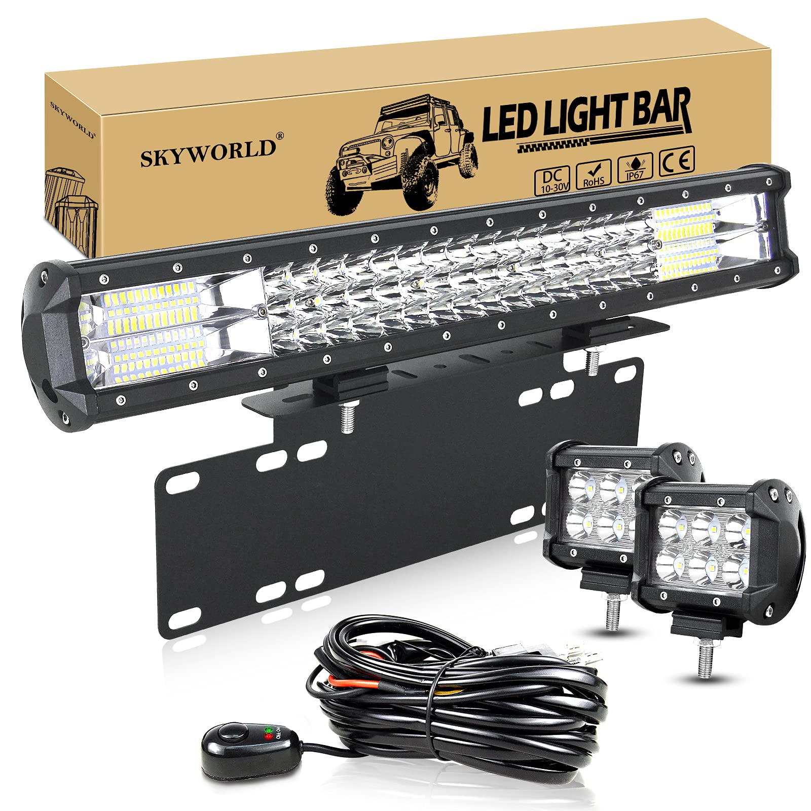 SKYWORLD Listwa świetlna LED Combo, 288 W, z uchwytem tablicy rejestracyjnej, 2 x 18 W, 4 cale, lampa robocza z zestawem wiązek przewodów DC 12 V, 24 V, 6000 K, do pojazdów offroadowych, 4 x 4 ATV UTV