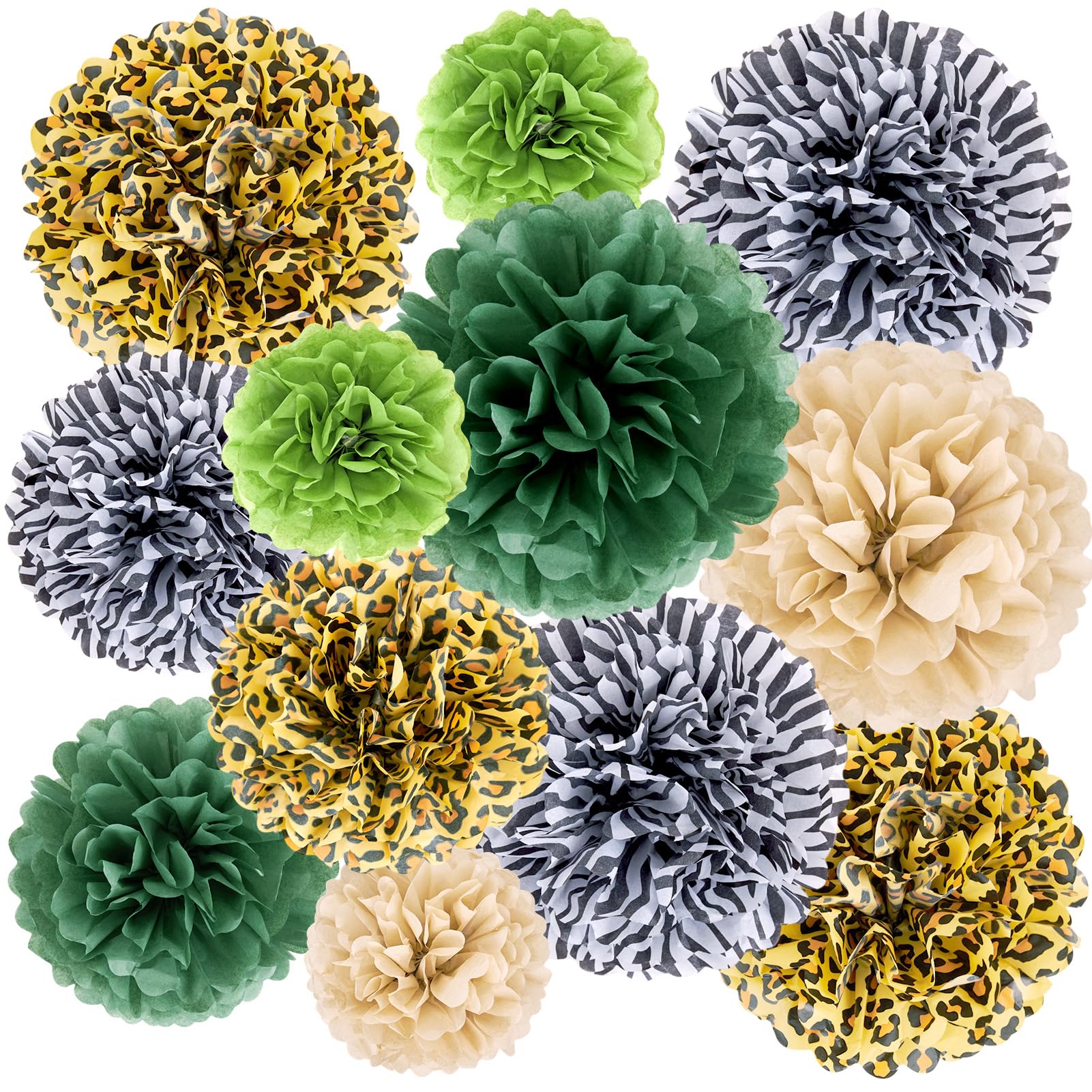 EASY JOY 12pcs Jungle Safari Party Decorations Wild Animal Leopard Zebra Print Decor Green Tissue Paper Pom Poms Hanging Paper Flower Jungle Supplies for Wild Kid's Birthday Baby Shower Classroom Wall