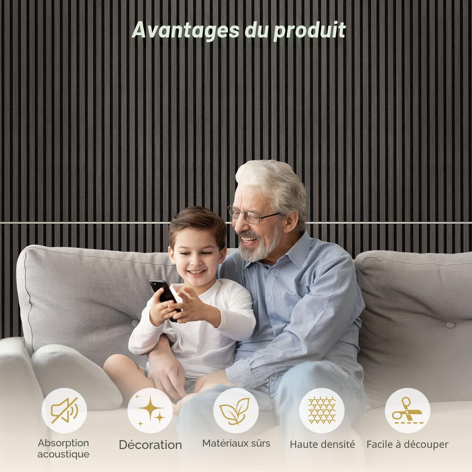 TONOR Lot de 4 Panneau Acoustique en Placage de Bois, 120x60x1,9 cm, Dalle Murale Autocollante, Absorption de L'écho, Mousse Décoratif en 3D, Panneaux Insonorisants pour le Salon, le Bureau, Noir
