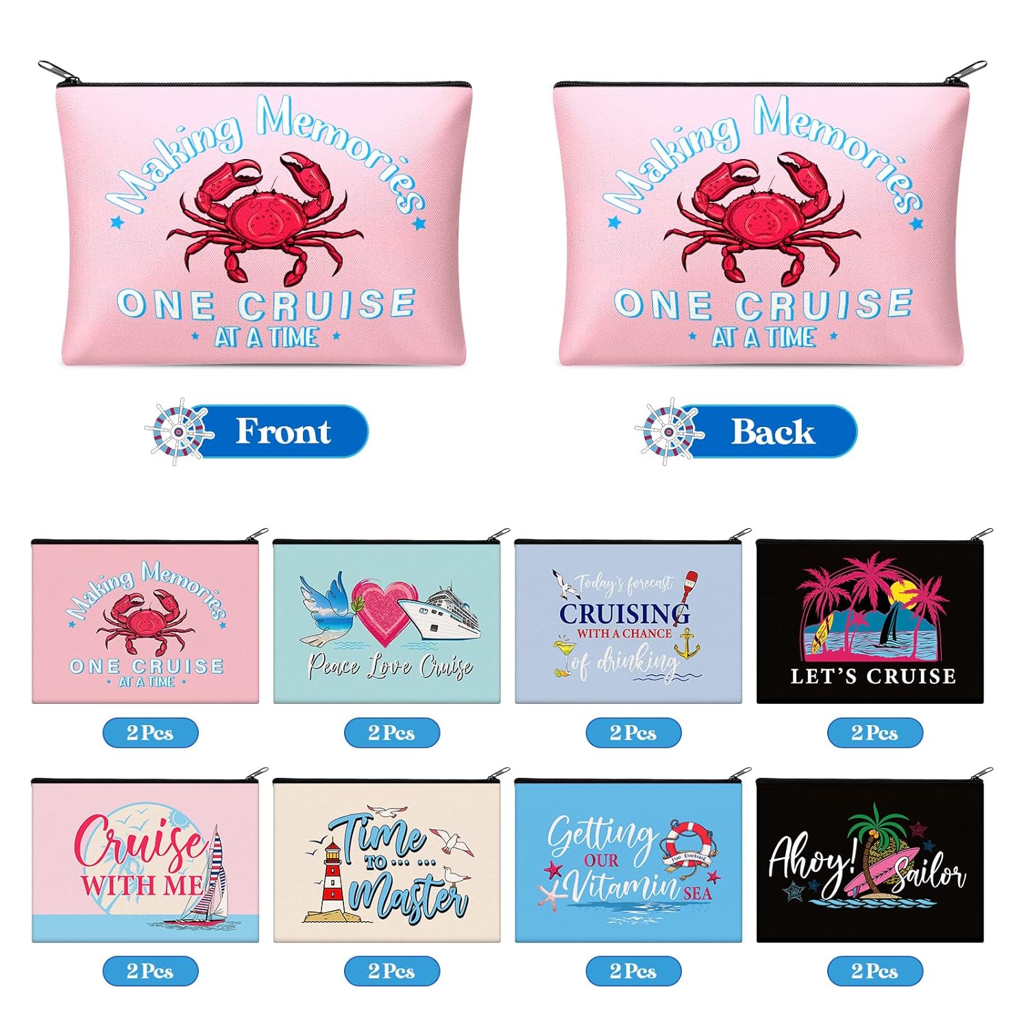 Silkfly 16 Pieces Cruise Survival Kit Novelty Cruise Cosmetic Bags Gift Travel Canvas Makeup Bag Zipper Organizer Pouch for Ocean Ship Lover Women Mom Vacation Friend Exchange Ideas(Colorful Base) - Image 2