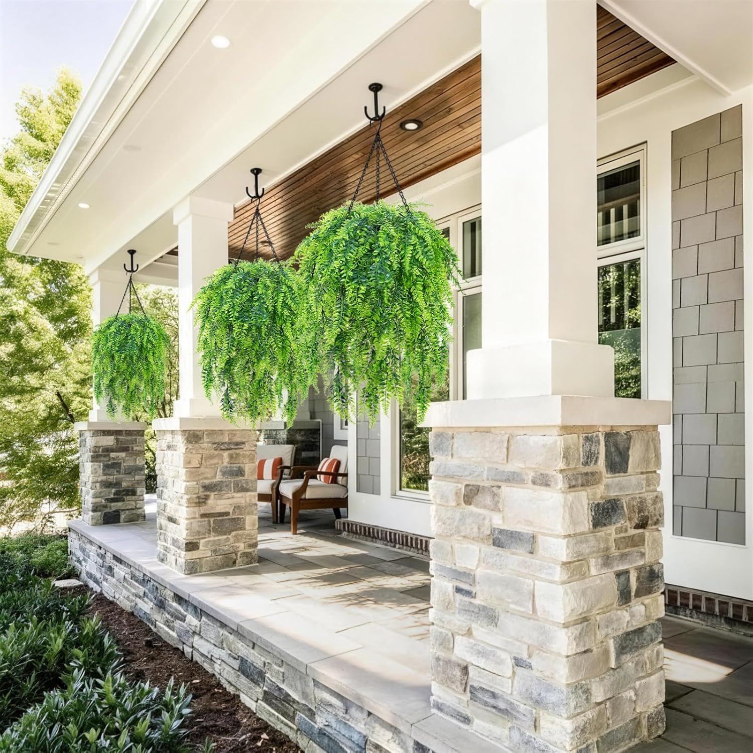 Zythrem Artificial Hanging Fern Hanging Baskets for Outside Faux Hanging Plants Outdoor Realistic Fake Hanging Boston Ferns UV Resistant for Front Porch Patio Balcony Home Decor 2 Set