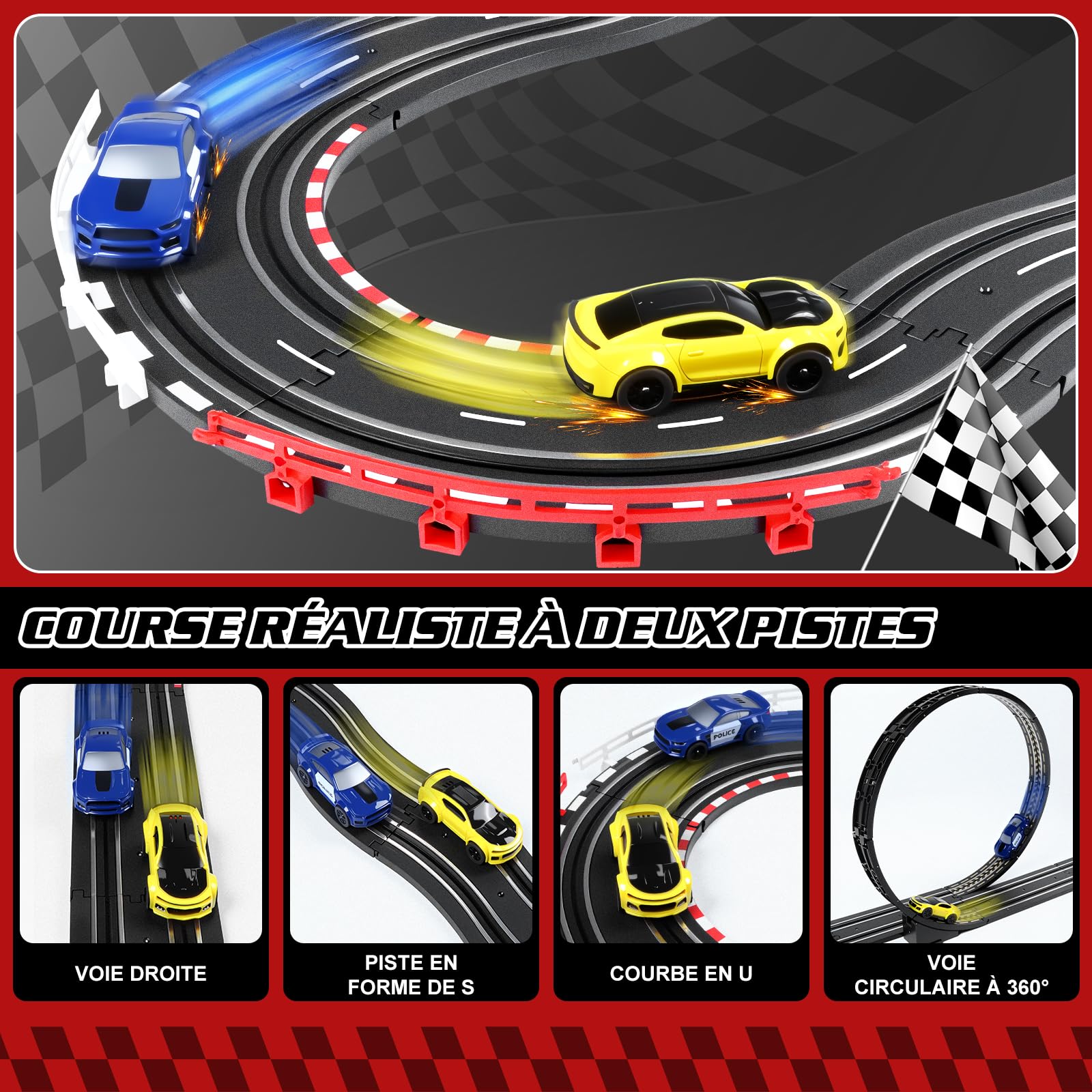 JONRRYIN Piste De Course Voiture Electrique, 2 Voitures, 2 TéLéCommandes, 2 Boucles De 360°, Compteur De Tours, Circuit Voiture Enfant Piste De Course Enfants 6+ Ans (1:64)