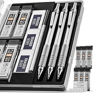 Nicpro 0.7 mm Mechanical Pencils Set with Case, 3 Metal Artist Pencil With 6 Tube HB Lead Refills, 3 Erasers, 9 Eraser Refills For Architect Art Writing Drafting Drawing Engineering, Sketching, Silver
