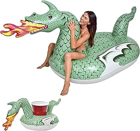GoFloats Boias infláveis gigantes para piscina – Escolha unicórnio, dragão, flamingo, cisne ou touro – Inclui boia de bebida
