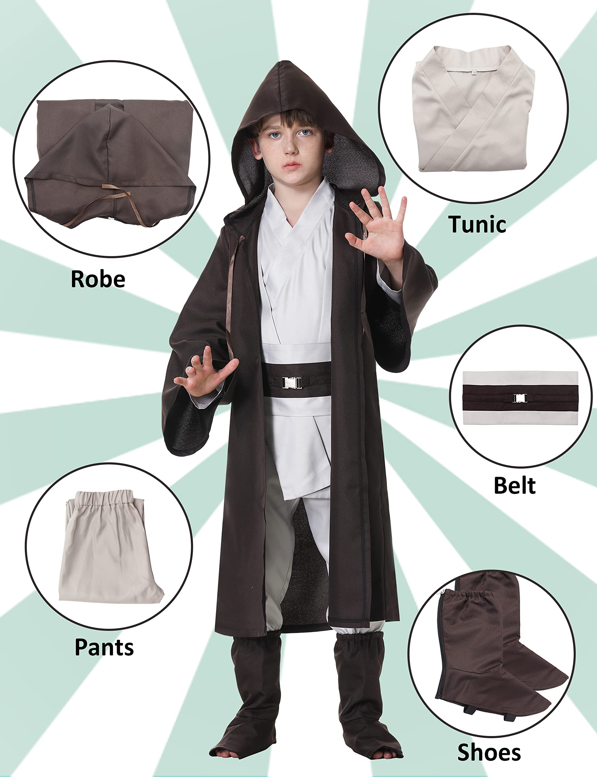 Poywuo Costume da Jedi Guerriero Cosplay per Bambini Travestimento da Guerriero Party Festa di Halloween per Ragazzo 5-12 anni