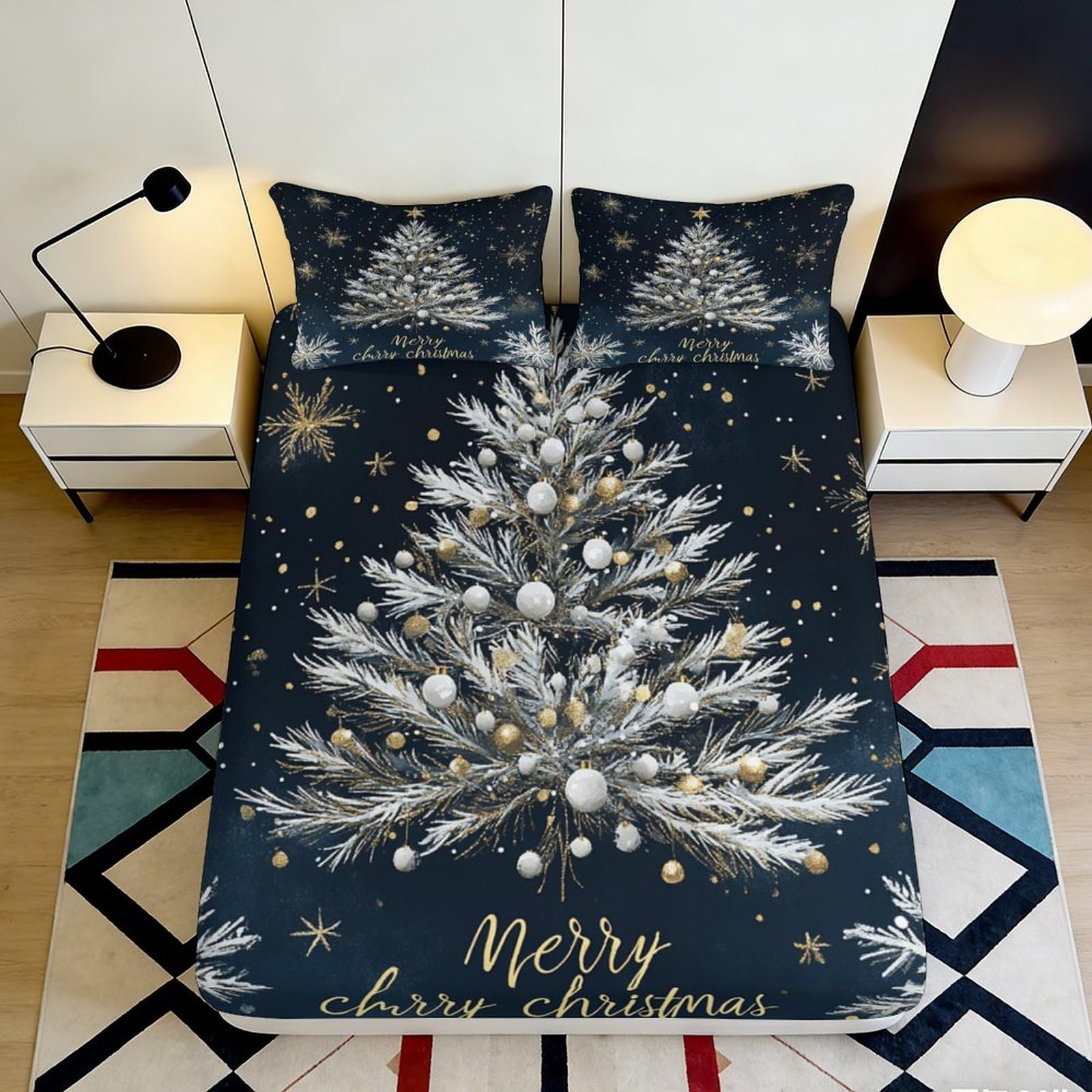 3D Printed Christmas Tree Fitted Sheet Microfiber Soft Breathable Snowflake Bed Cover for Bedroom Guest Room Dormitory Mattress Protection Decoration 140x200x25cm