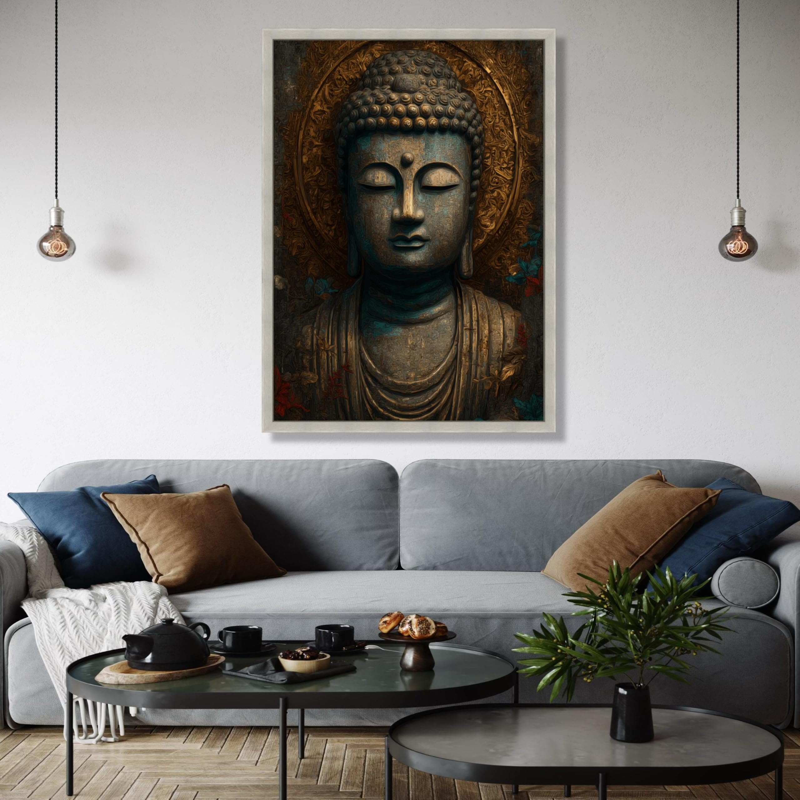 Dipinto di statua di Buddha sereno, arte murale spirituale, decorazione per meditazione, tela Zen Mindfulness, dorato ornato, arredamento per la casa (50x75 cm/cornice interna)