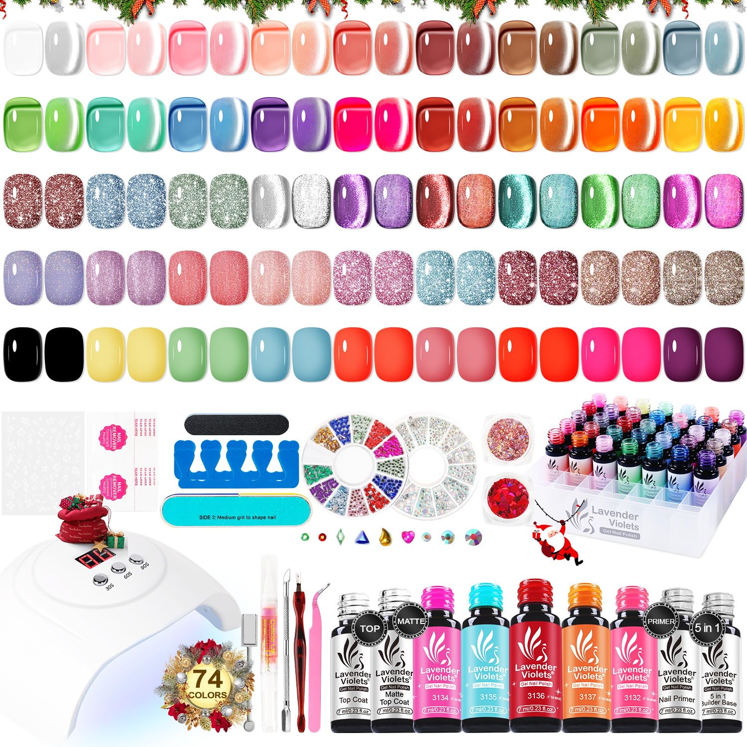 Lavender Violets 73 Pcs Gel Nail Polish Kit with U V Light, 45 Colors with Nail Primer,Builder Base,Matte & Glossy Top Coat Soak Off Manicure Tools Gifts for Women Easter LA01