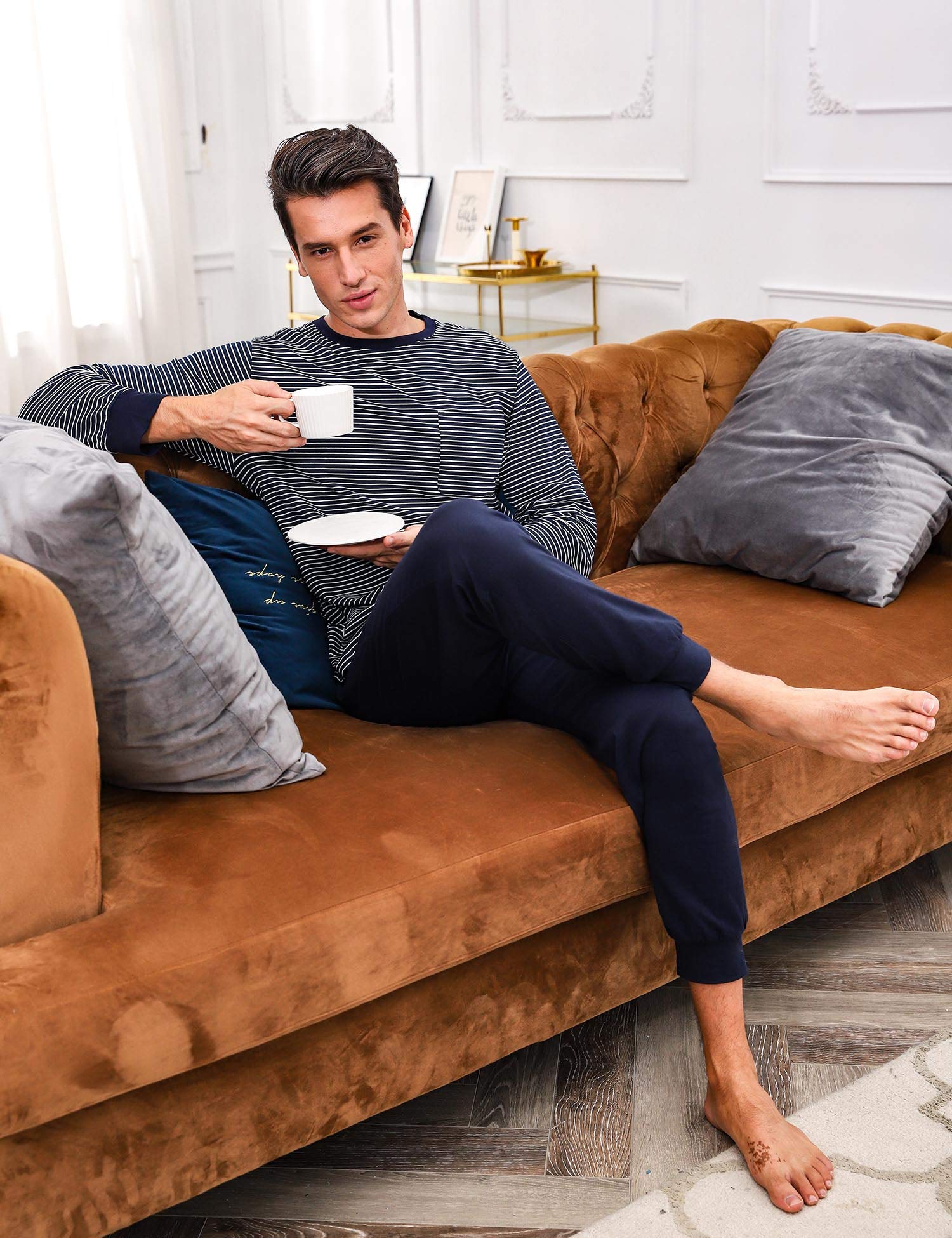 Sykooria Herren Schlafanzug lang mit Bündchen aus Baumwolle Zweiteiliger Pyjama Herren lang, Langarm Shirt & Schlafanzughose