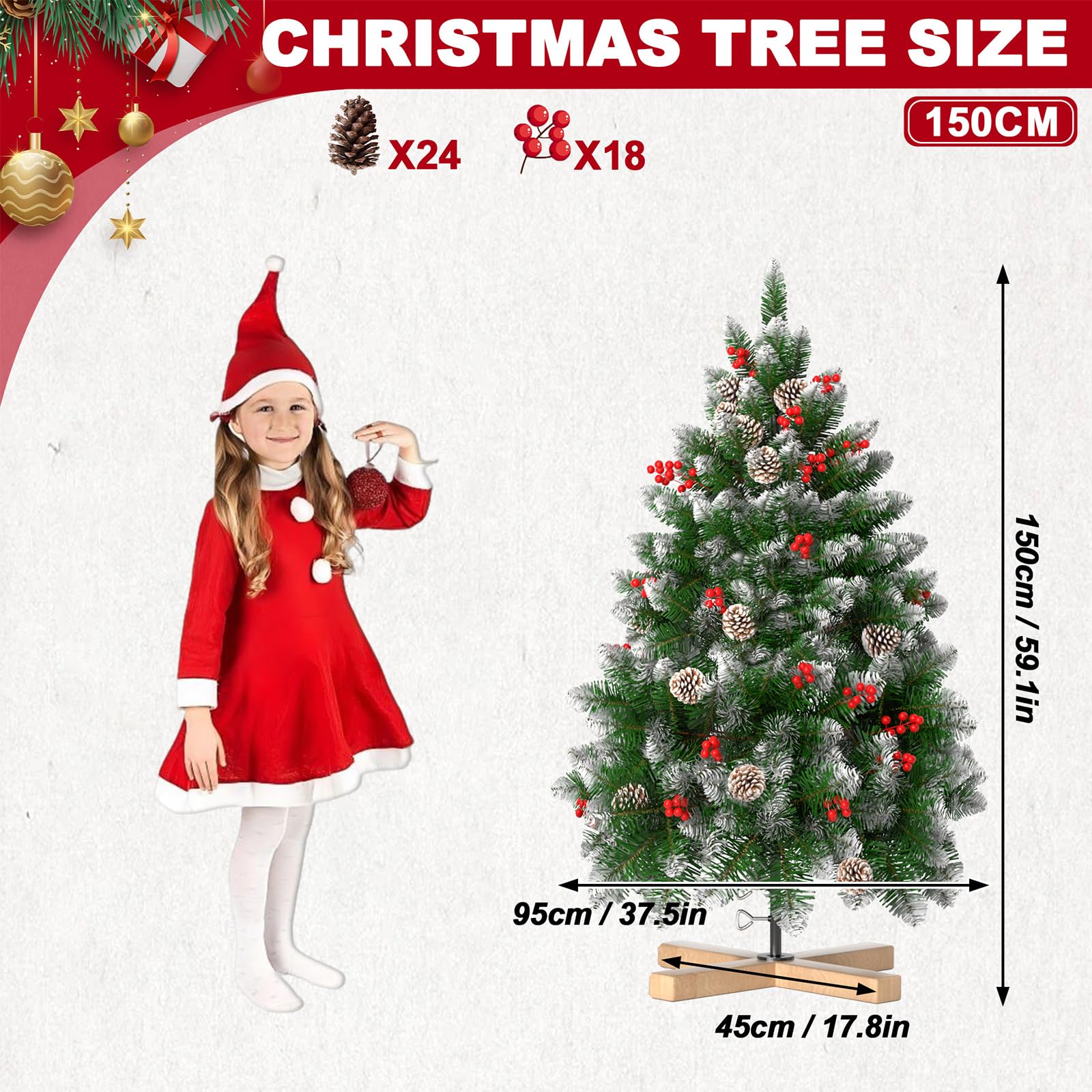 LILIIN Albero di Natale artificiale da 150 cm, effetto neve con pigne e bacche rosse, in PVC, con supporto, Ø 95 cm, albero di Natale infiammabile, per decorazioni natalizie