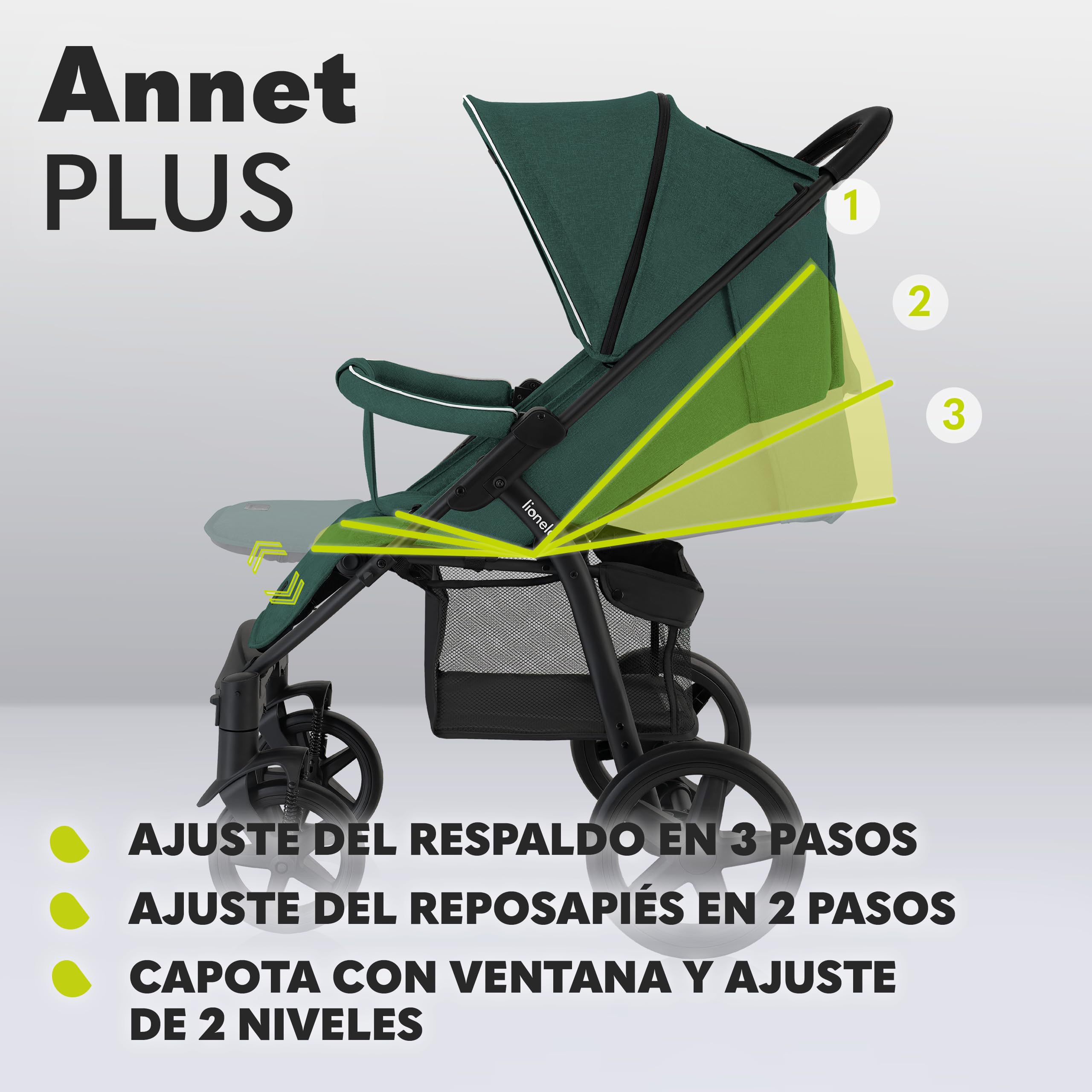 LIONELO Annet Silla de Pase Para niños hasta 22 kg 0-48M ajuste del respaldo hasta posición horizontal Capucha XXL Plegable fácil con ventana Mosquitera (Green)