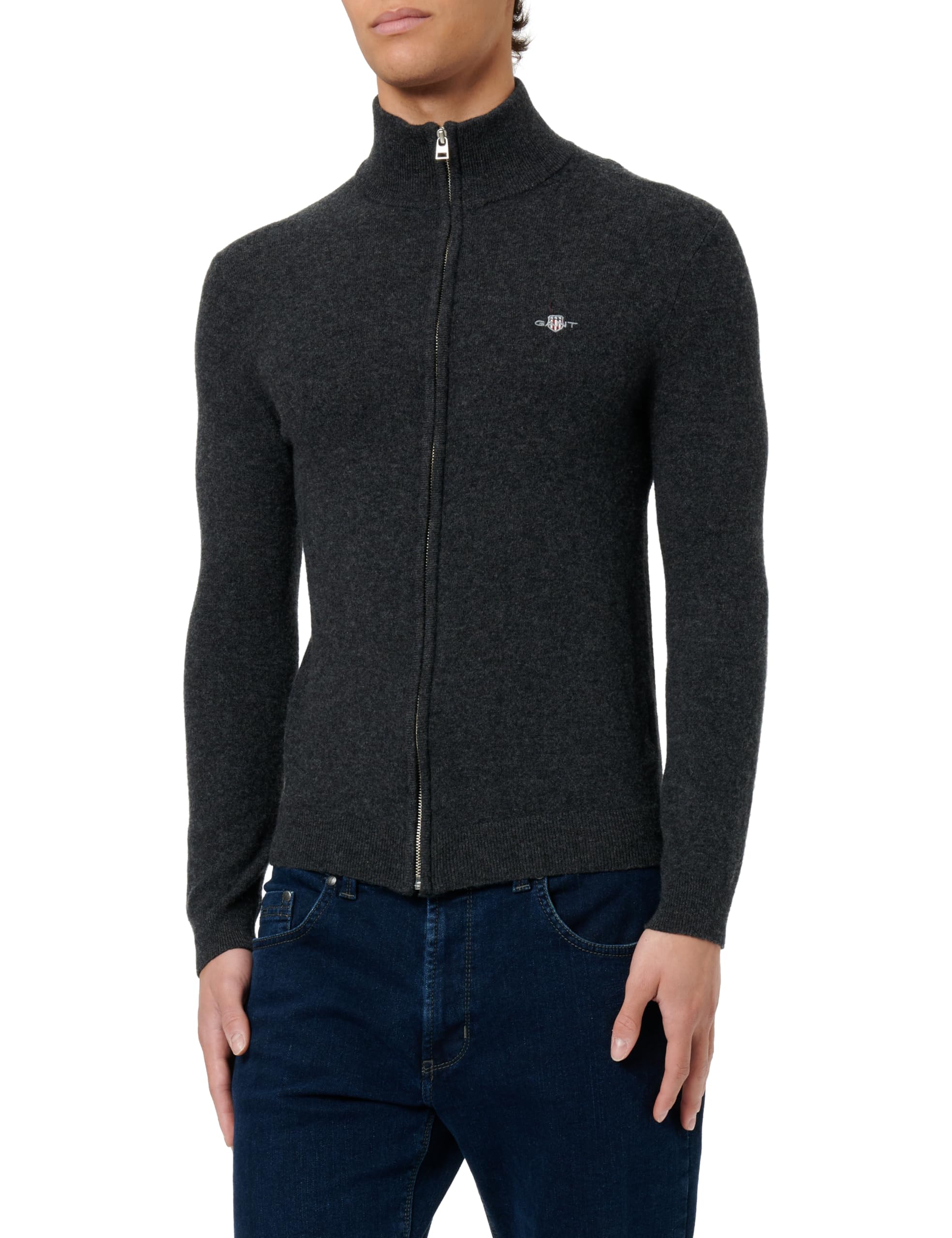 Gant Men's Dark Grey Blend Extrafine Lambswool Zip Cardigan, Xxl