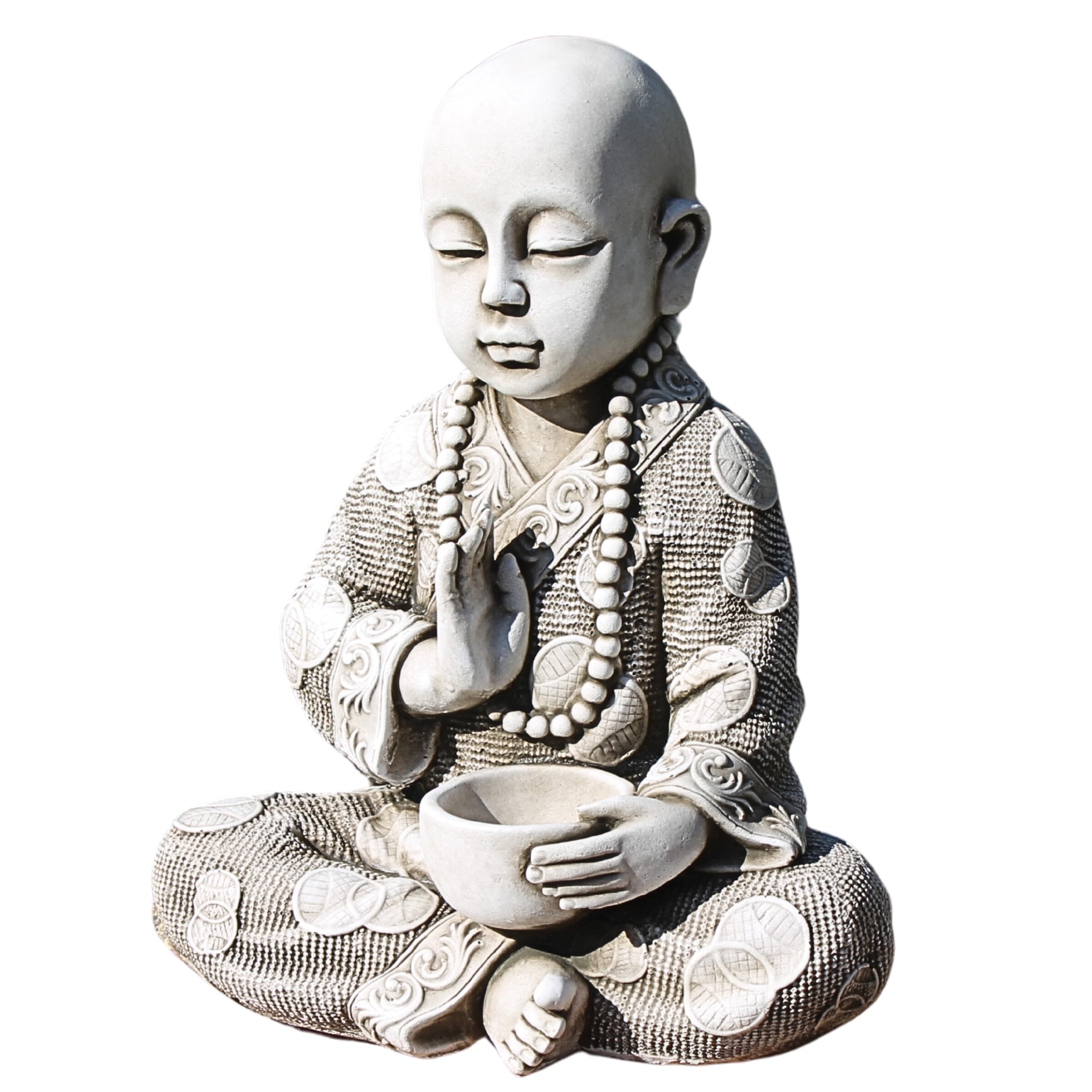 Garden Pley - Budas Decorativos Grandes – (Monje con Taza Ceniza) Buda Grande para Jardin de 36 cm. Figuras Decorativas para Decoracion Jardin Zen. (Ceniza)