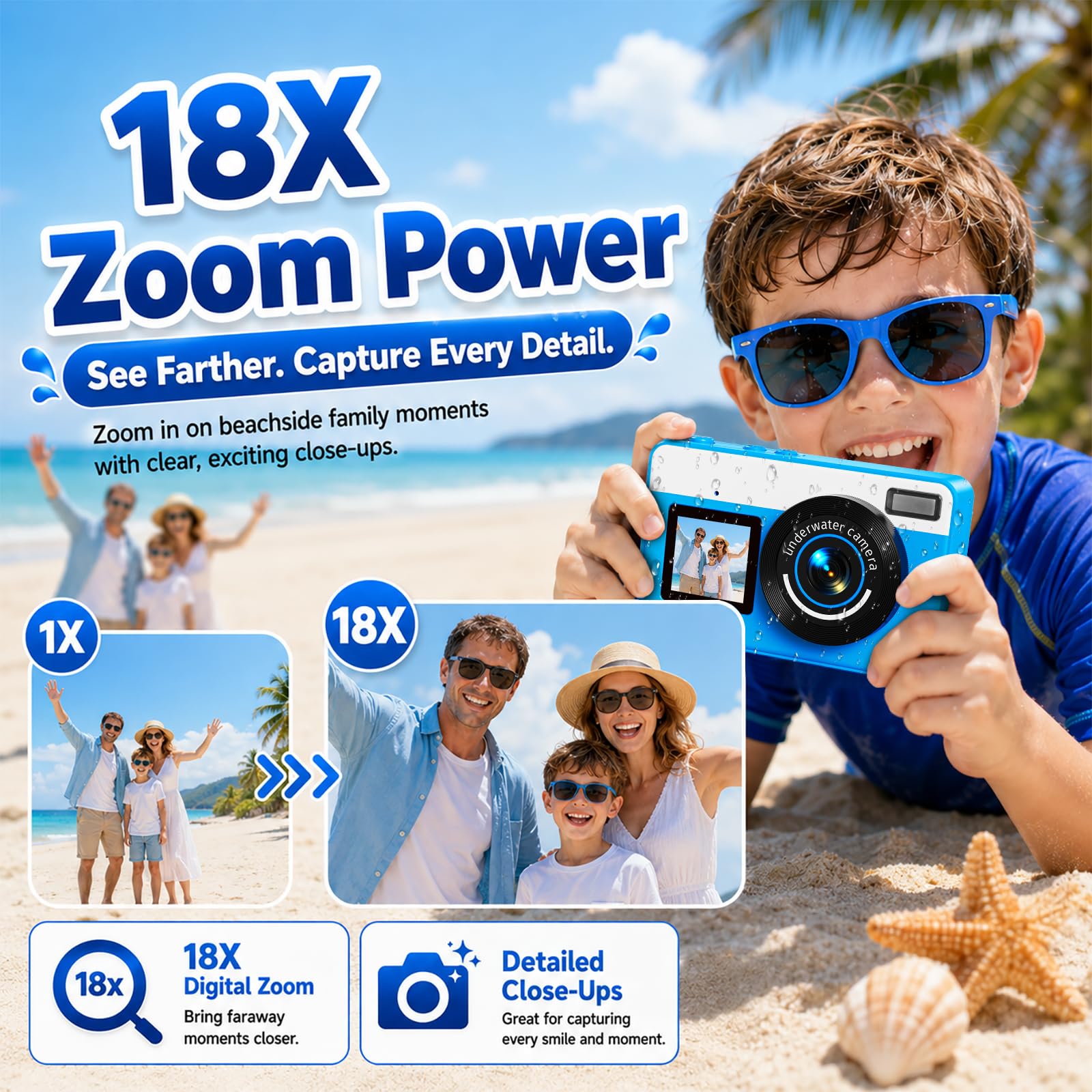 Maxmango D70 Fotocamera Subacquea 4K 48MP, Macchina Fotocamera Impermeabile 10FT per Piscina Spiaggia, Doppio Schermo Autofocus Zoom 18X, Macchina Fotografica Regalo per Ragazzi e Adulti, 16GB, Blu