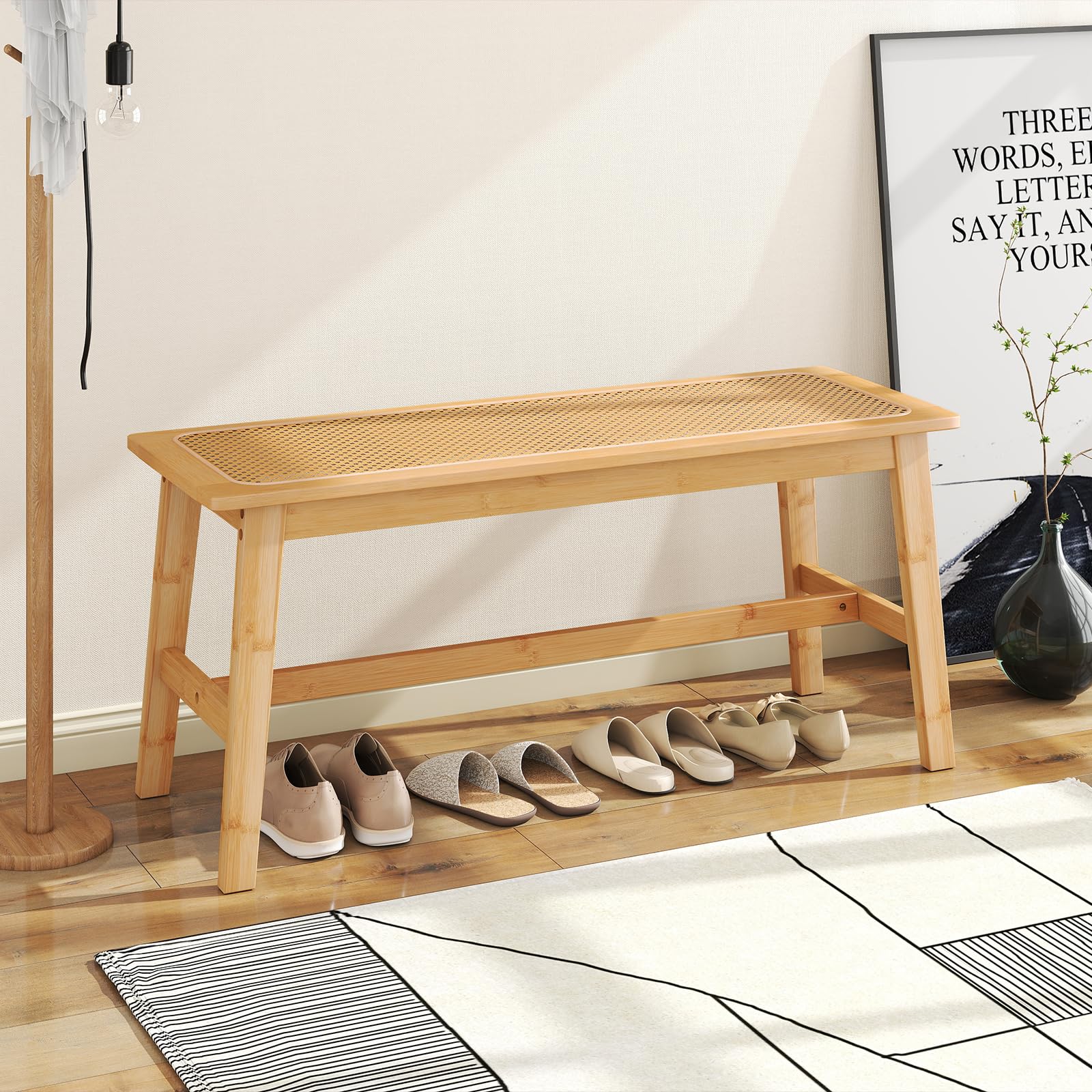 COSTWAY Banc de Salle à Manger en Bambou, Assise en Rotin PVC, Banquette pour 2 Personnes, Patins Antidérapants, Banc Interieur pour Cuisine Entrée Bout de Lit, Charge 300 kg, 100 x 35 x 45 cm