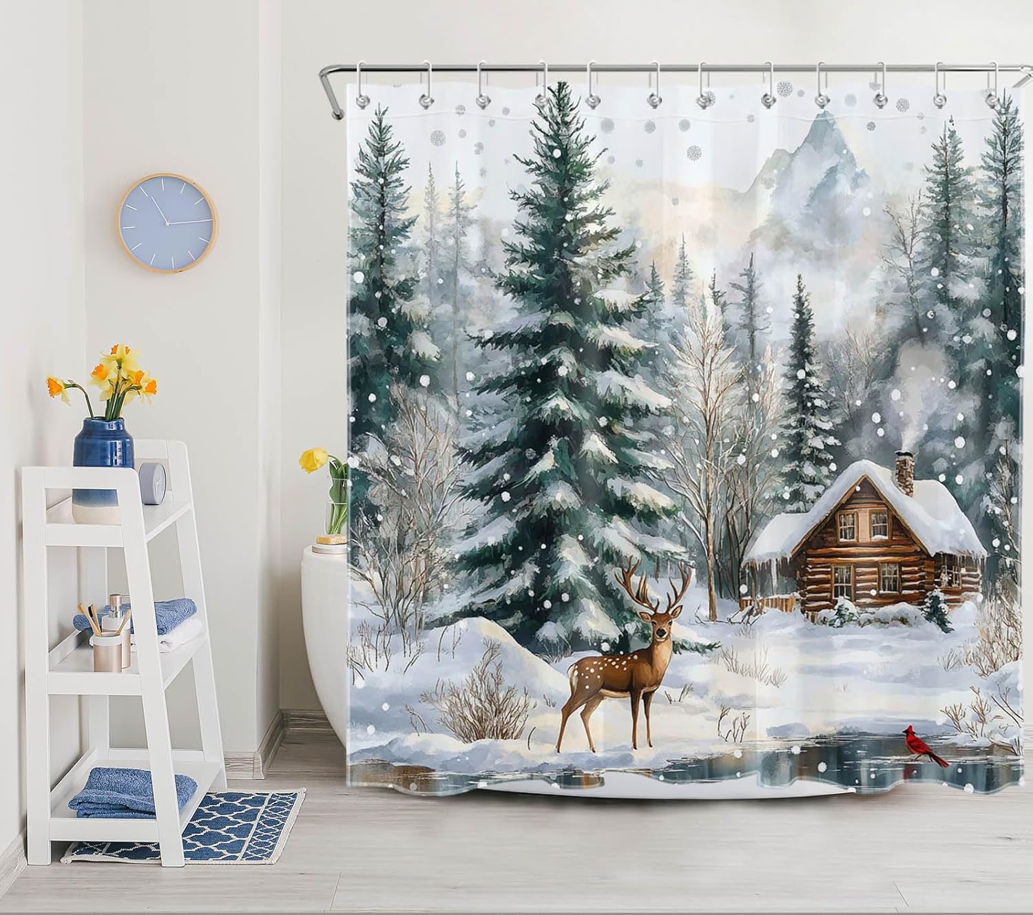 LB Christmas Deer Shower Curtain Sets with Rugs Winter Snowy Woodland Wild Animal Cardinal Fabric Shower Curtain with Hooks Rustic Farmhouse Nature Landscape Bathroom Curtains Shower Set, 70x70 inches