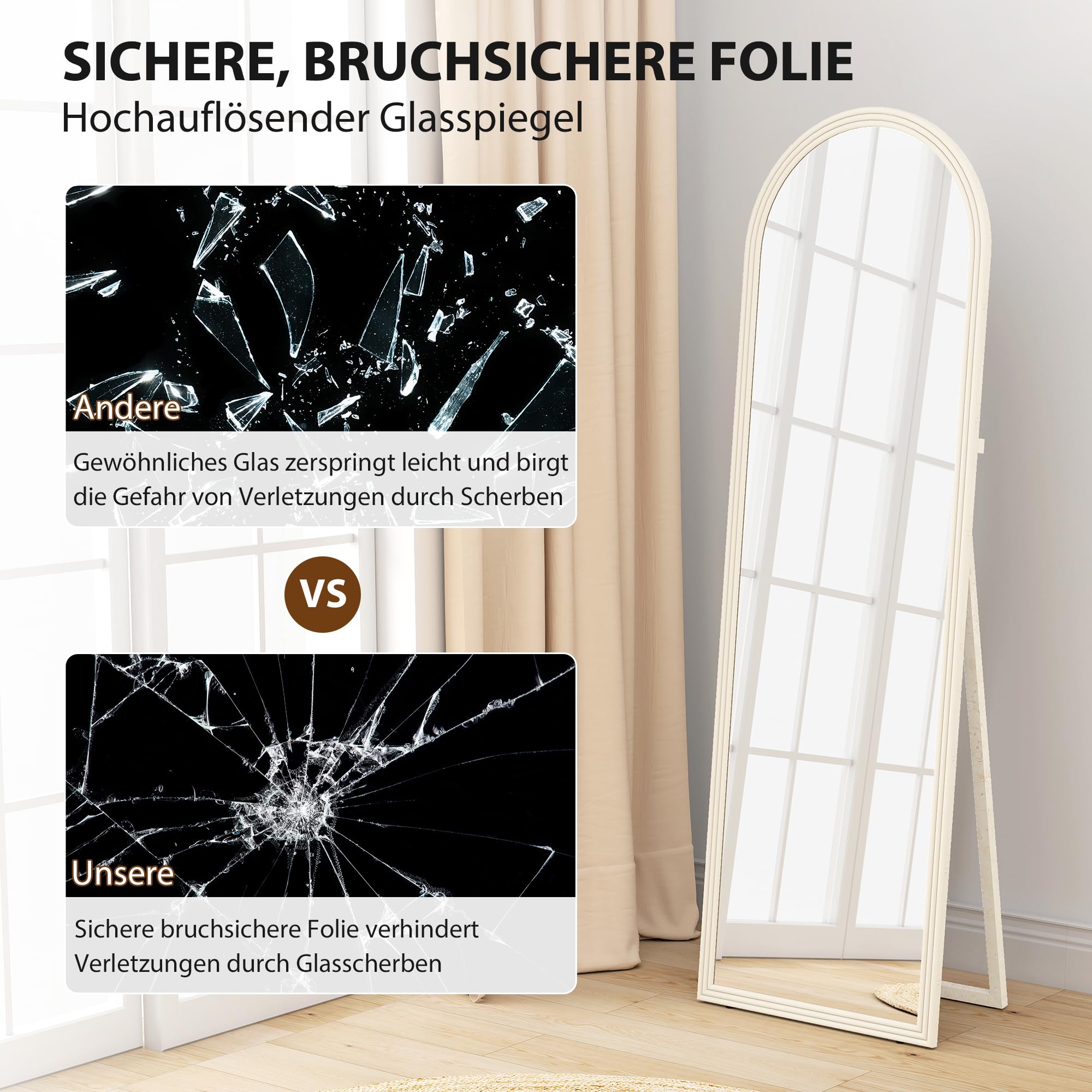 HOMCOM Bogen Ganzkörperspiegel 160 x 50 cm Standspiegel zum Stehen Weiß | Mit Steinoptik, Wandspiegel, zum Anlehnen, Spiegel für Wohnzimmer, Schlafzimmer, Flur