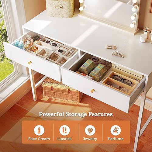 Miniatura 4 de SUPERJARE Escritorio blanco de 39.4 pulgadas con 2 cajones, moderno escritorio de tocador de maquillaje, escritorio pequeño para computadora,