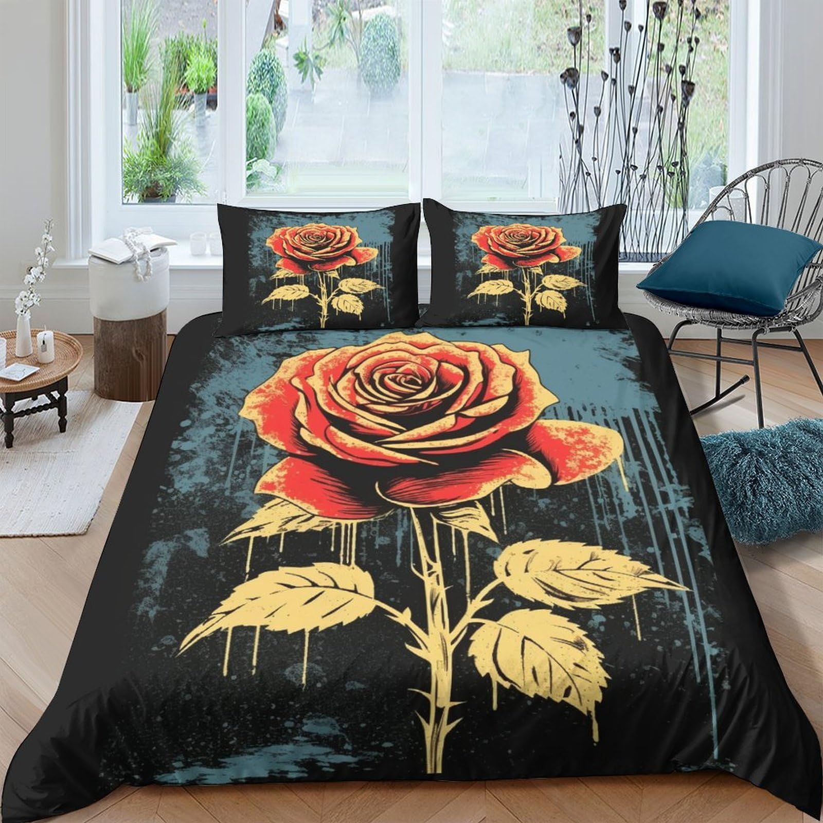 Housse de couette rose rouge 3D anti-plis avec fermeture éclair pour lit King