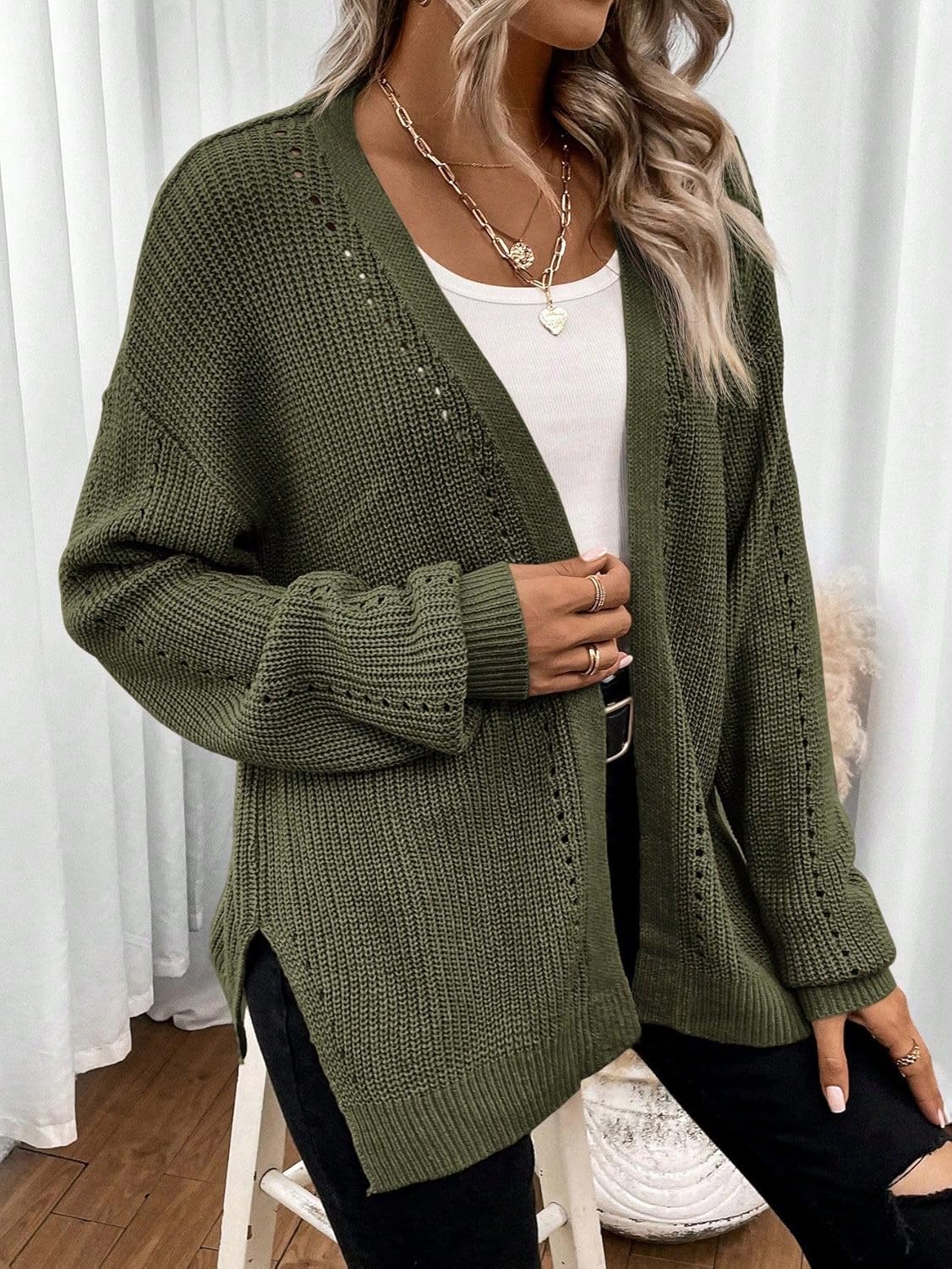 SISKIN Long Cardigan Sweater for Women 2025, Vintage Casual Open Front Side Slit Balloon Fall Cardigan - Image 2