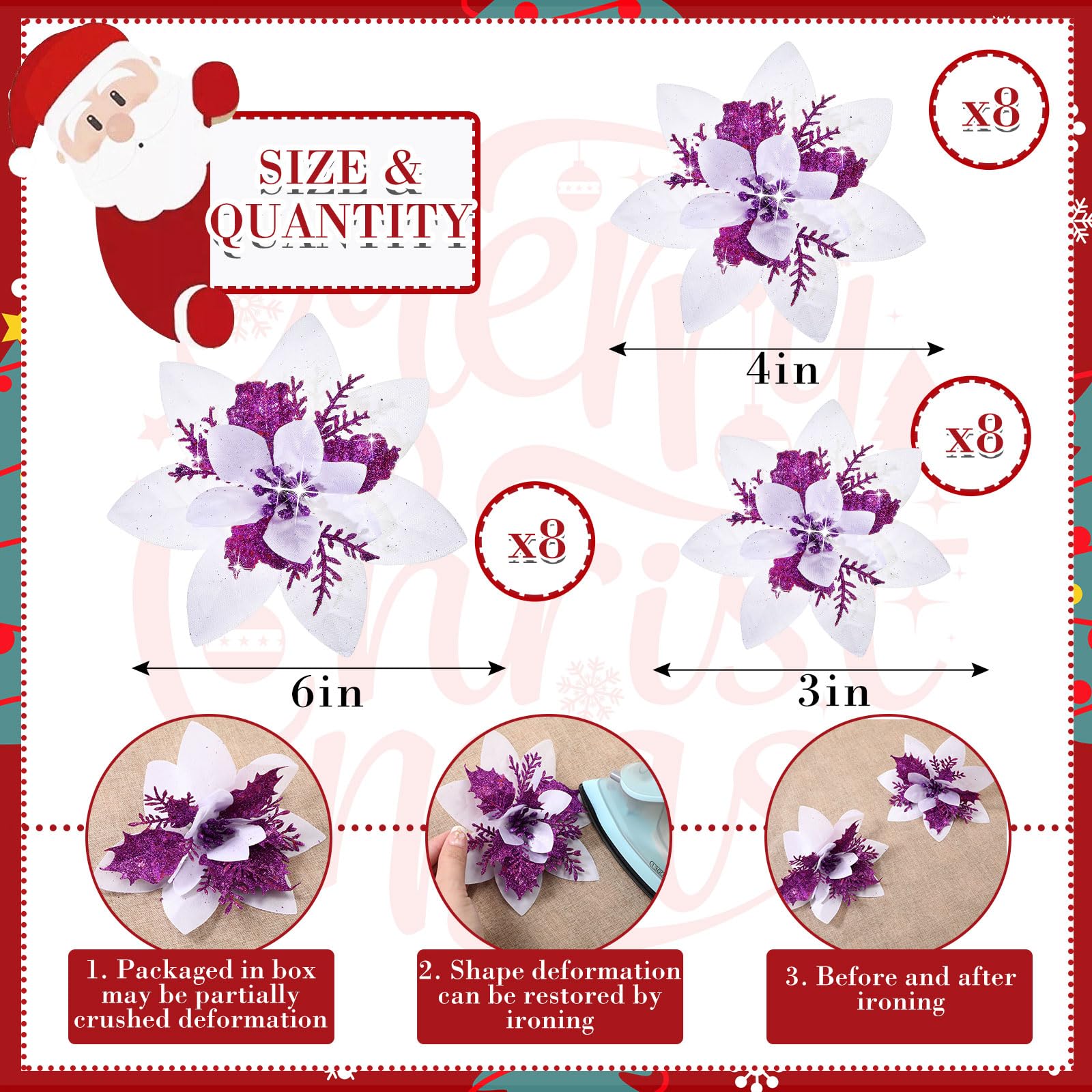 Geosar 24 Christmas Glitter Artificial Poinsettia Flowers Xmas Poinsettia Artificial Wedding Flowers Decorations Xmas Tree Ornaments with Clips for Party Favors 6 Inch - Image 2