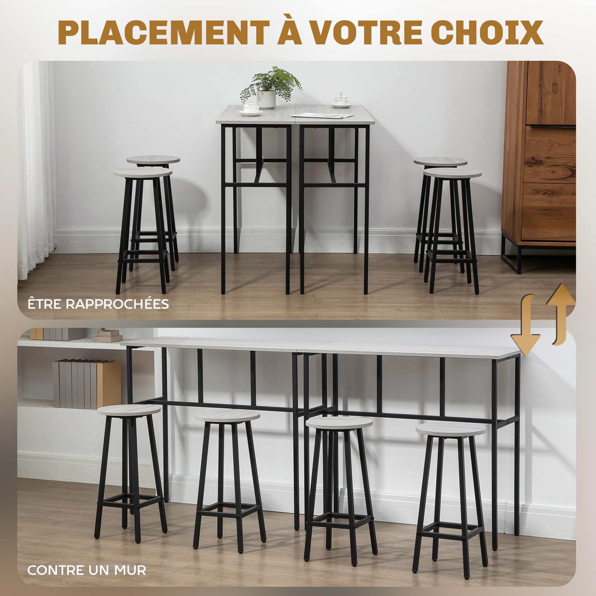 HOMCOM Ensemble Table de Bar Style Industriel 6 pièces, 2 Tables Hautes avec 4 tabourets - Acier et Panneaux de Particules - 4 Personnes