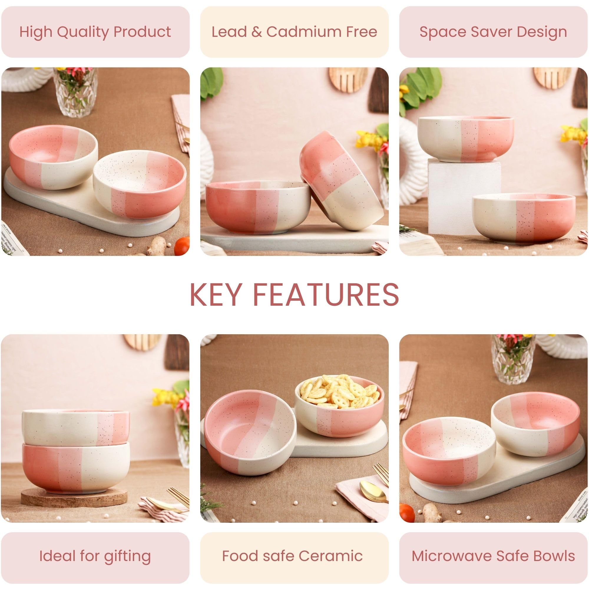 The Earth Store TT Pink Matte 500ML Ceramic Bowl Dishwasher & Microwave Safe Bowl Mixing Bowl for Snacks, Pasta, Rice, Dal, Fruits, Salad, Noodles, Maggi and More Serving Bowl- Set of 2 2