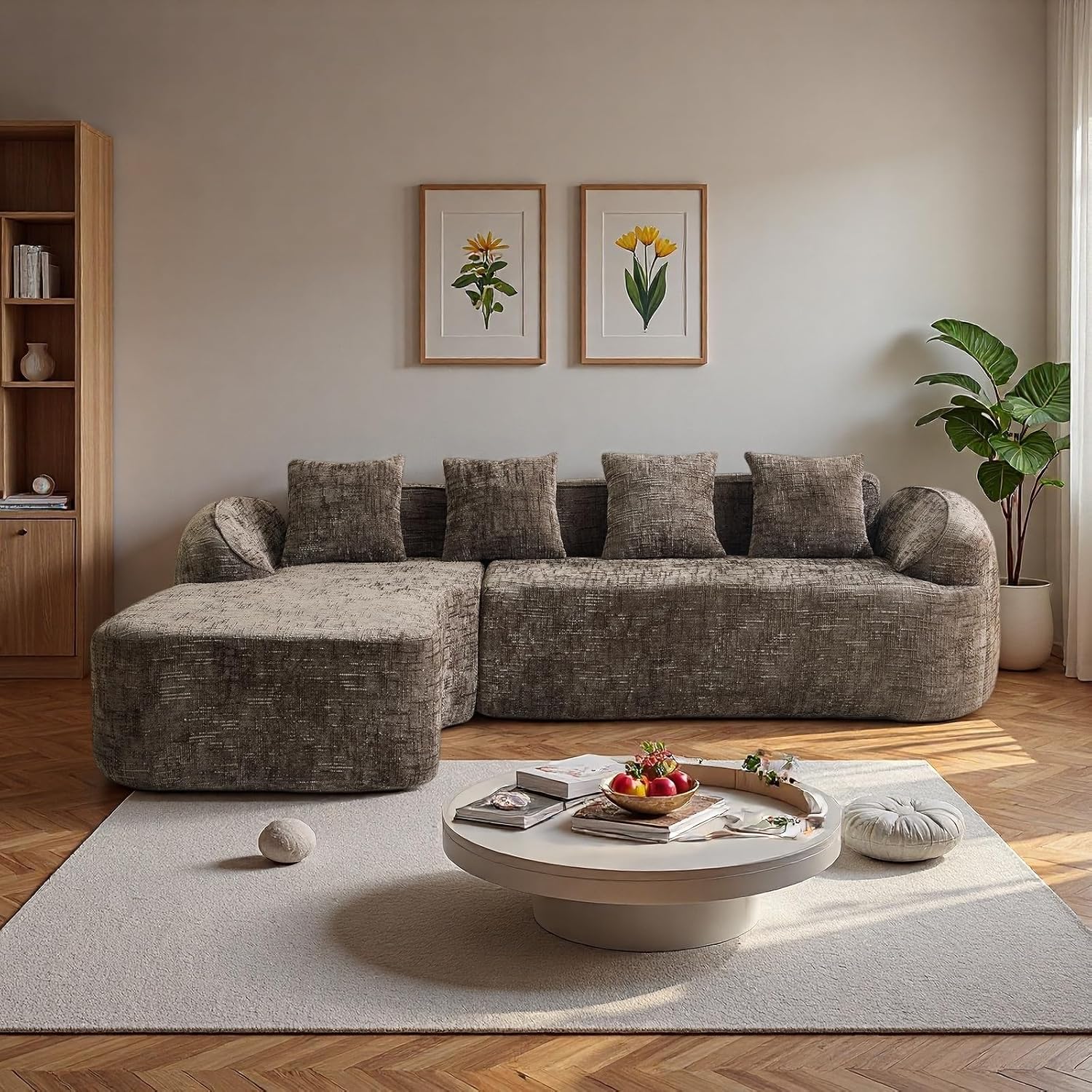 L Shaped Compression Sofa, Modular Couch with Curved Armrests & 4 Coordinating Pillows, Modern 101'' Chenille 4 Seater Sofa with Wide Seat for Living Room, Bedroom, No Assembly, Beige