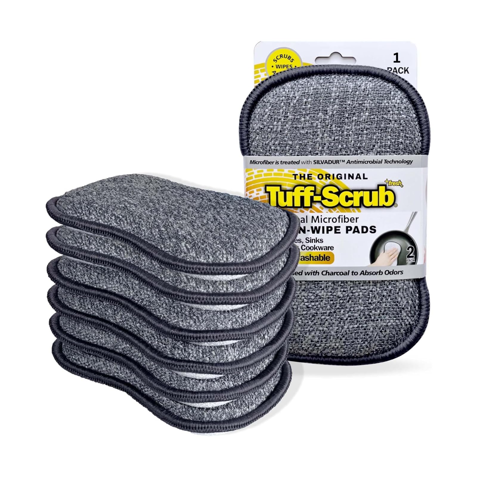 Fresh Tuff-Scrub, Small, 6-Pack, Scrub-N-Wipe Pad with Silvadur Antimicrobial & Charcoal Foam for Odor Control, Microfiber, Multi-Surface, Non-Scratch, Dual-Sided, Machine Washable, Kitchen Sponge
