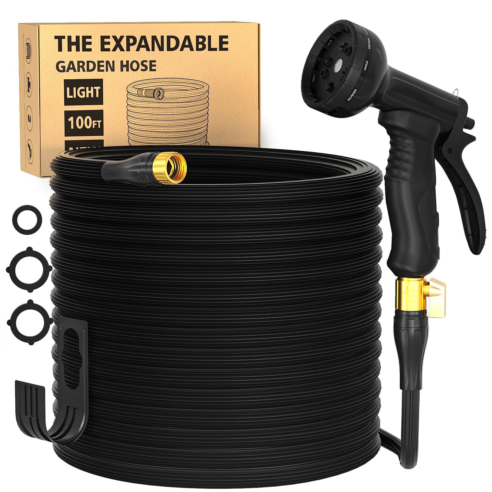 Expandable Garden Hose Water Hose 100 ft Flexible Retractable Long Hose,No-Kink Latex Core Flex Hose Pipe with 10 Standard Function Nozzle,for Outdoor Watering and Washing, Black