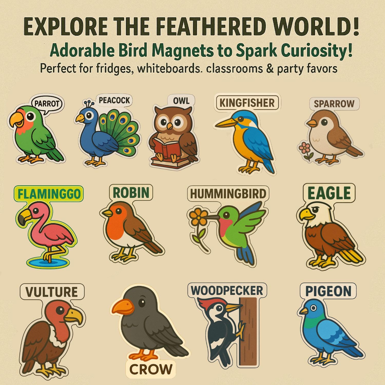 RufaStories Bird Fridge Magnets for Kids – 13 Pieces Strong, Waterproof, Durable Bird Animal Magnets for Refrigerator, Almirah, Whiteboard, Cute Educational Play Magnets 1