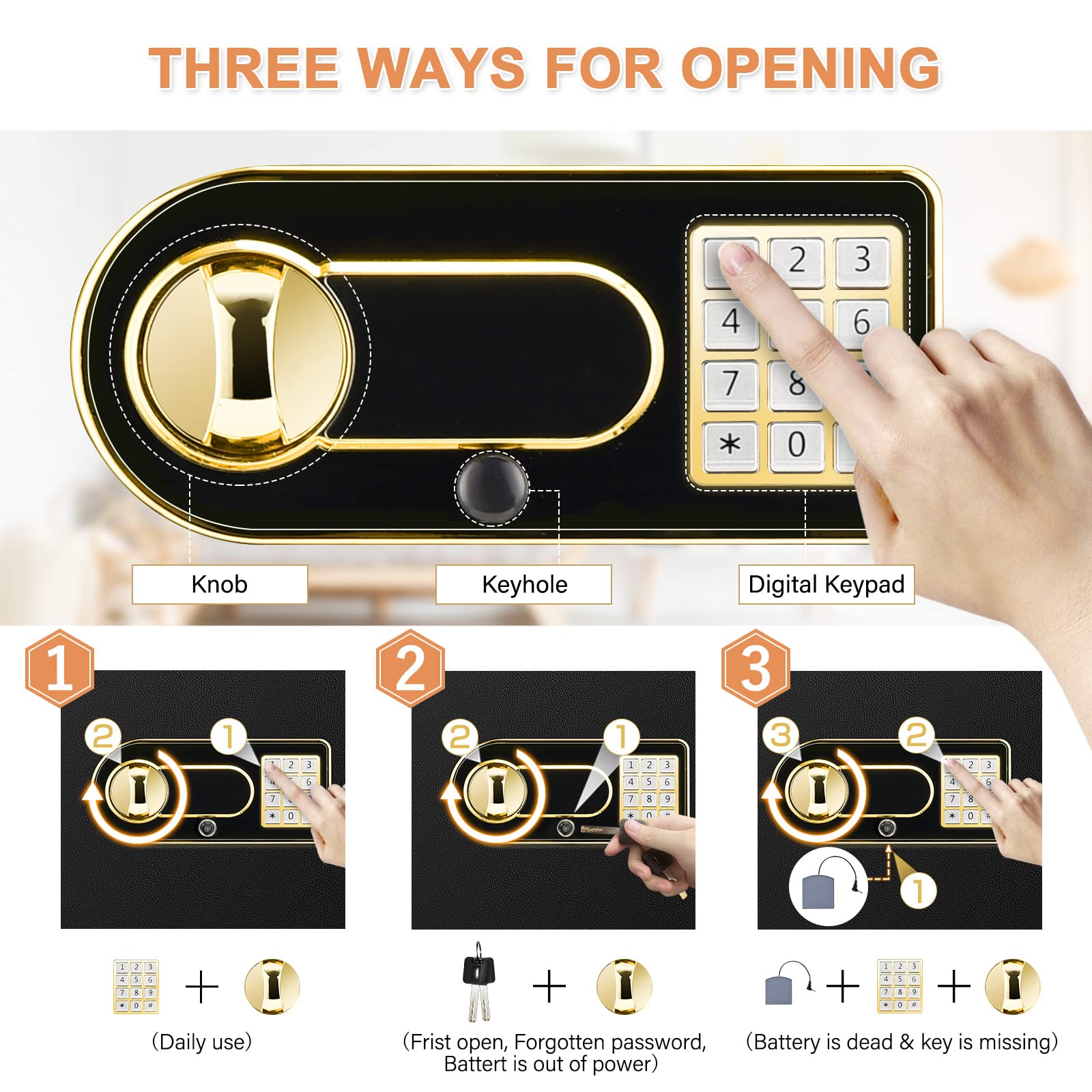 1.2Cub Fireproof Safe with Waterproof Fireproof Money Bag, Safe Box with Digital Keypad Key and Emergency Battery Box, Home Safe for Cash, Jewellery, Important Documents, Guns or Medicines