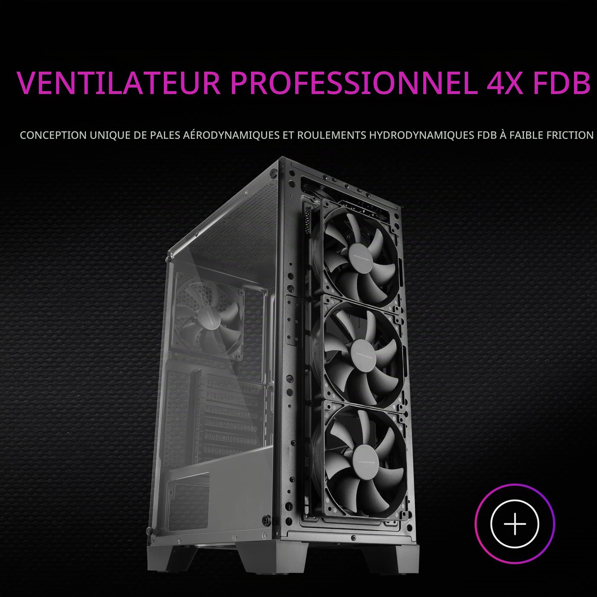 Mars Gaming MC-Master, Boîtier PC ATX, Metal-Mesh Front Panel, Verre Trempé, 4 Ventilateurs Ultra-Silencieux 120mm, Noir