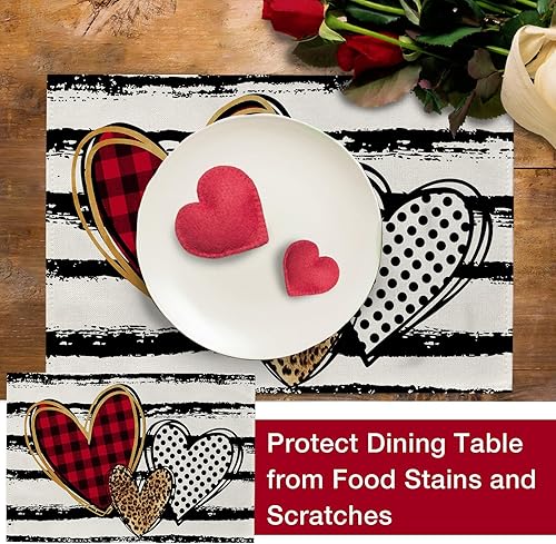 Miniatura 5 de Seliem Juego de 4 manteles individuales para el día de San Valentín, Be Mine Love con rayas negras, diseño de corazón y lunares, decoración para el