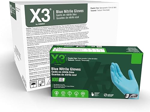 X3 Blue Nitrile Disposable Industrial-Grade Gloves, 3 Mil, Latex & Powder-Free, Food-Safe, Non-Sterile, Lightly Textured