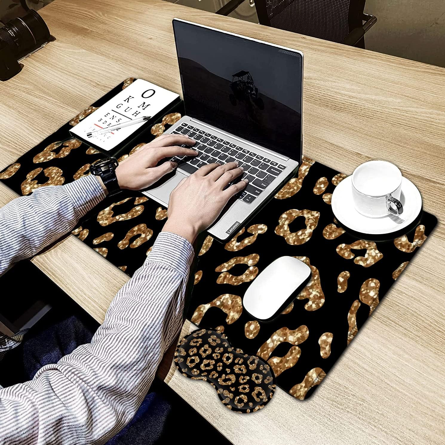 Large Gaming Mouse Pad, 31.5x11.8 in Extended Computer Mouse Mat with Non-Slip PU Base, Ergonomic Memory Foam Keyboard Wrist Rest,for Work Gaming, Rose Gold Glitter Psalm 465 Black Office Desk Pad