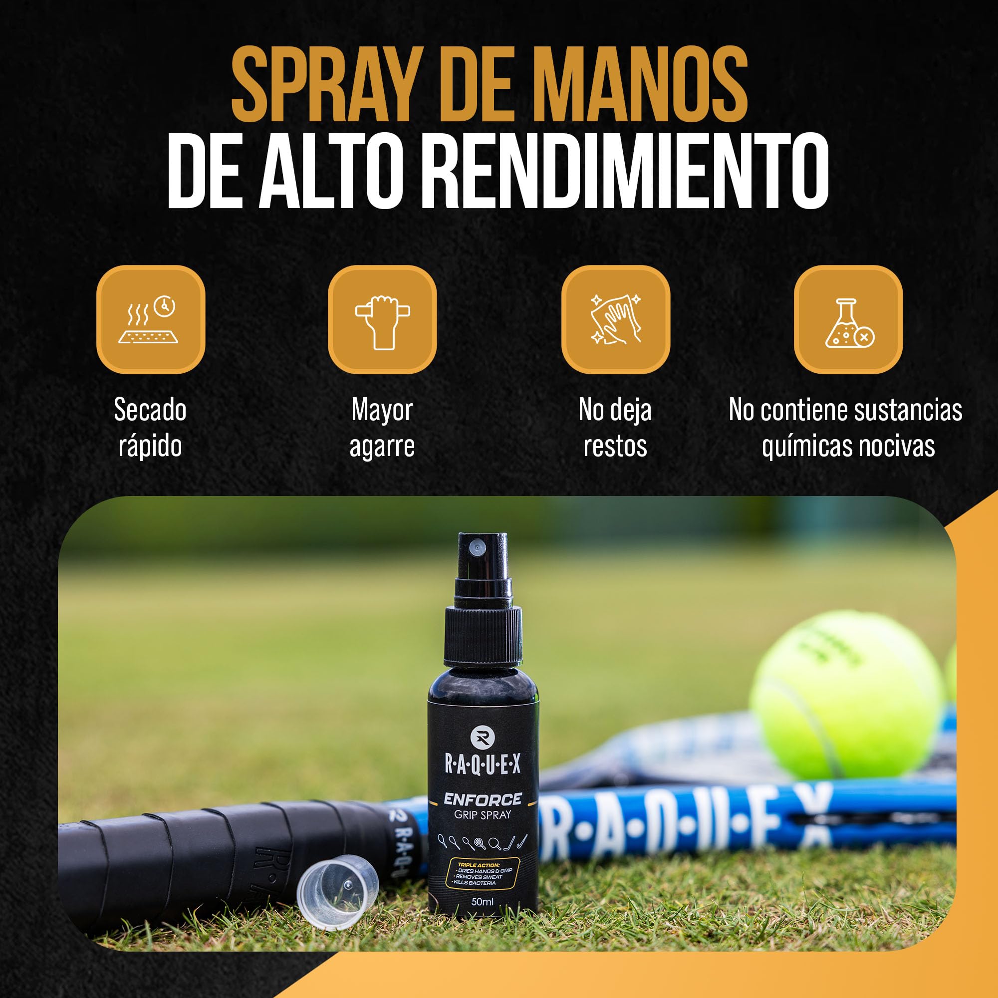 Raquex Spray Enforce Grip, 50 ml, Spray de Agarre para Unas Manos secas y sin Sudor para Deportes de Raqueta y Hockey. Spray de tracción de Secado rápido Que Elimina el Sudor para un Agarre excelente