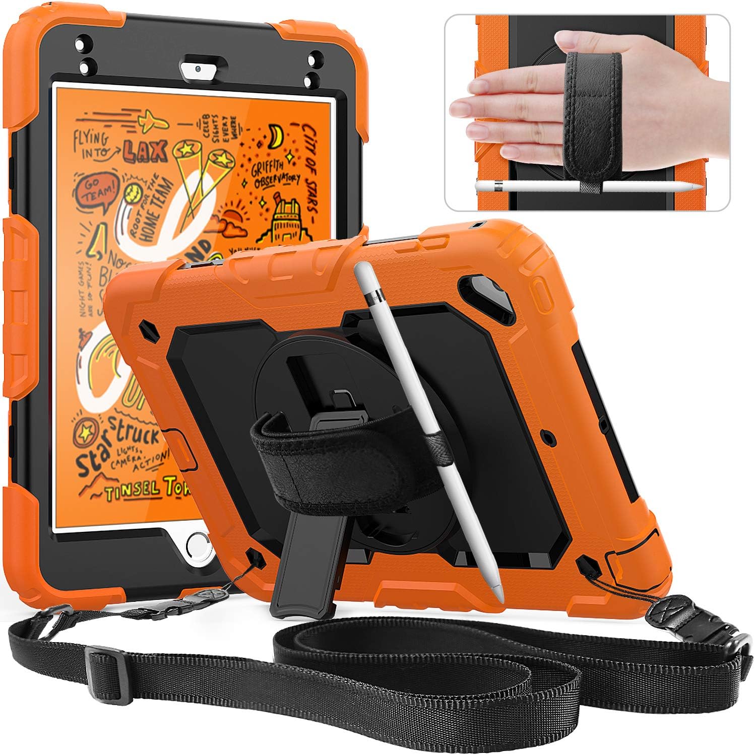 Timecity for iPad mini 5 Case iPad mini 4 case 7.9 Inch, Heavy Duty ShockProof Cover with Screen Protector, KickStand, Hand Strap, Pencil Holder, ipad mini 5th Generation Case ipad mini 4th Gen,Orange