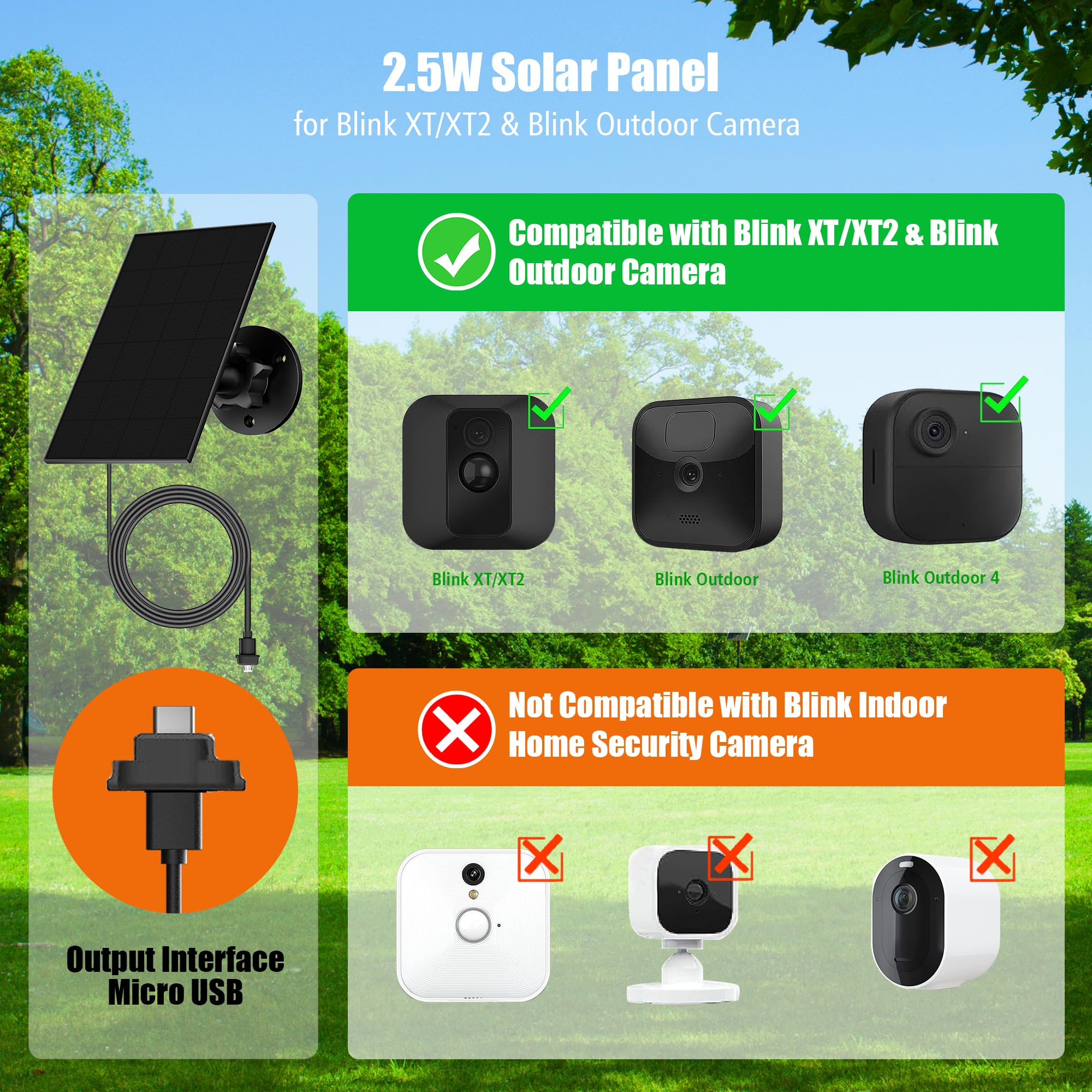 Pannello Solare per Blink Camera Outdoor, 2.5W Blink Solar Panel Compatibile con Blink Outdoor, Blink XT2/XT Camera&SimpliSafe Camera(non incluso), IP65 Blink Outdoor(3rd Gen) con Spina di Gomma