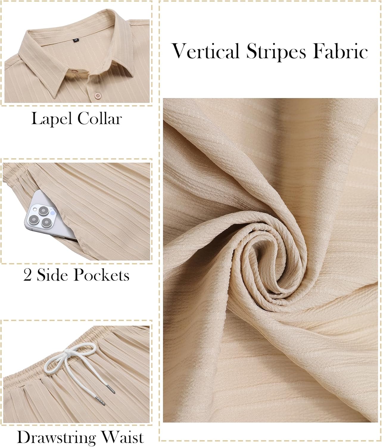 LecGee Men's 2 Piece Vertical Striped Textured Outfits Summer Casual Button Down Shirts And Pants Matching Sets - Image 3