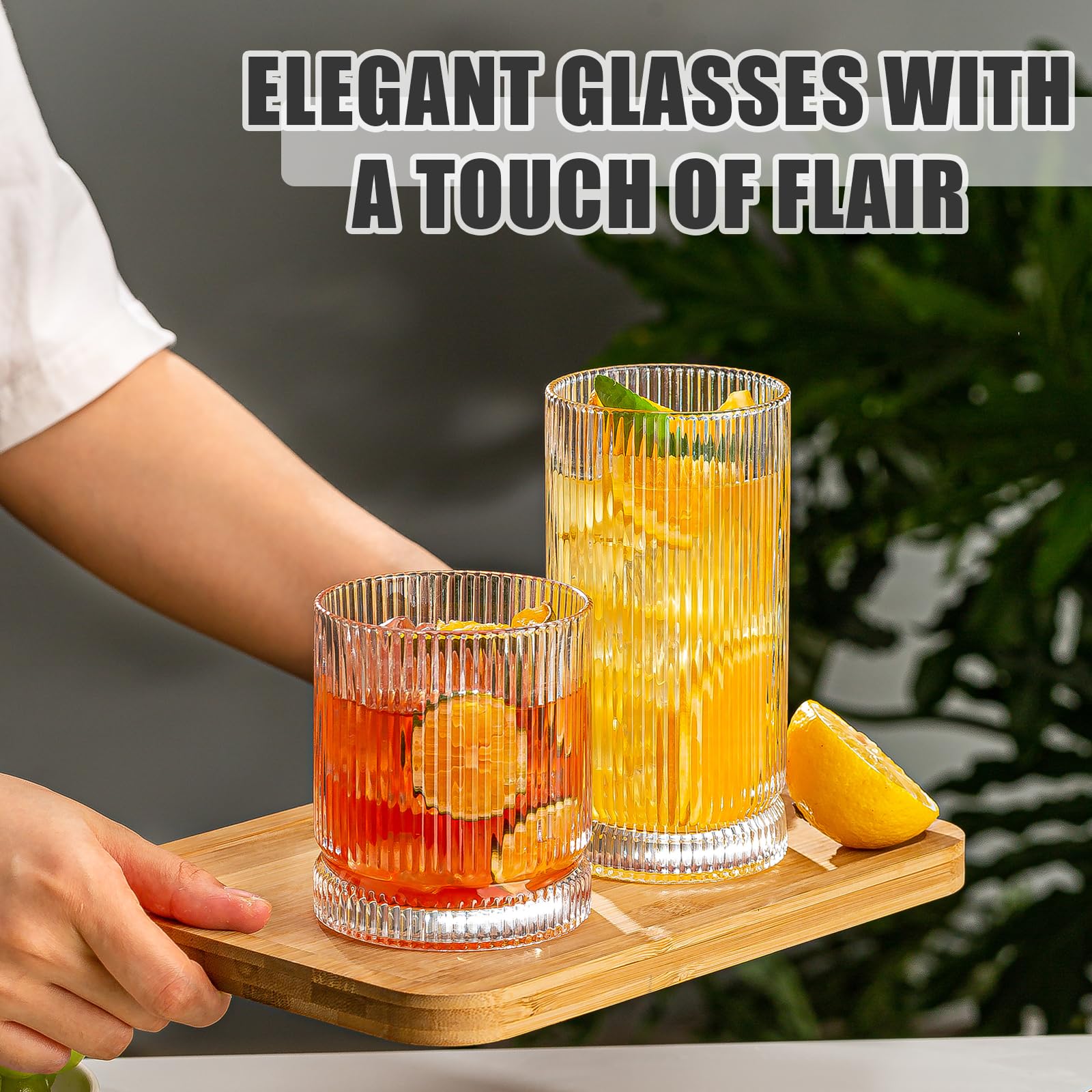 Trinkgläser, Set mit 8 Glasbechern im Origami-Stil, 4 Highball-Gläser, 425 ml und 4 Rocks-Gläser, 340 ml, Mojito-Becher, Cocktailglas, elegante geriffelte Vintage-Gläser für Cocktail, Bier