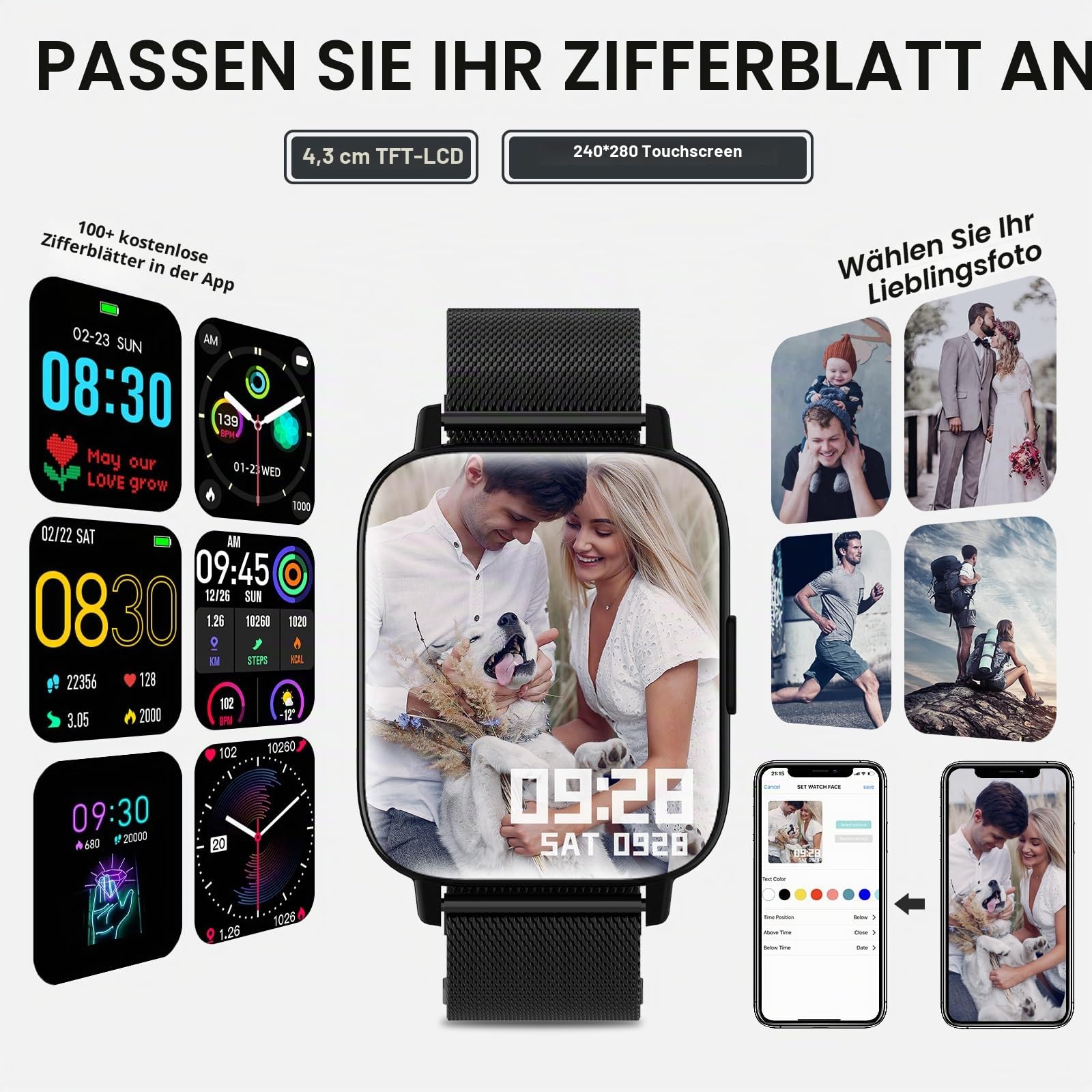 Smartwatch Damen 1,69 Zoll Bluetooth Anrufe Fitnessuhr Herzfrequenzmonitor Schlafmonitor Schrittzähler SpO2 Fitness Tracker Kalorien Musiksteuerung